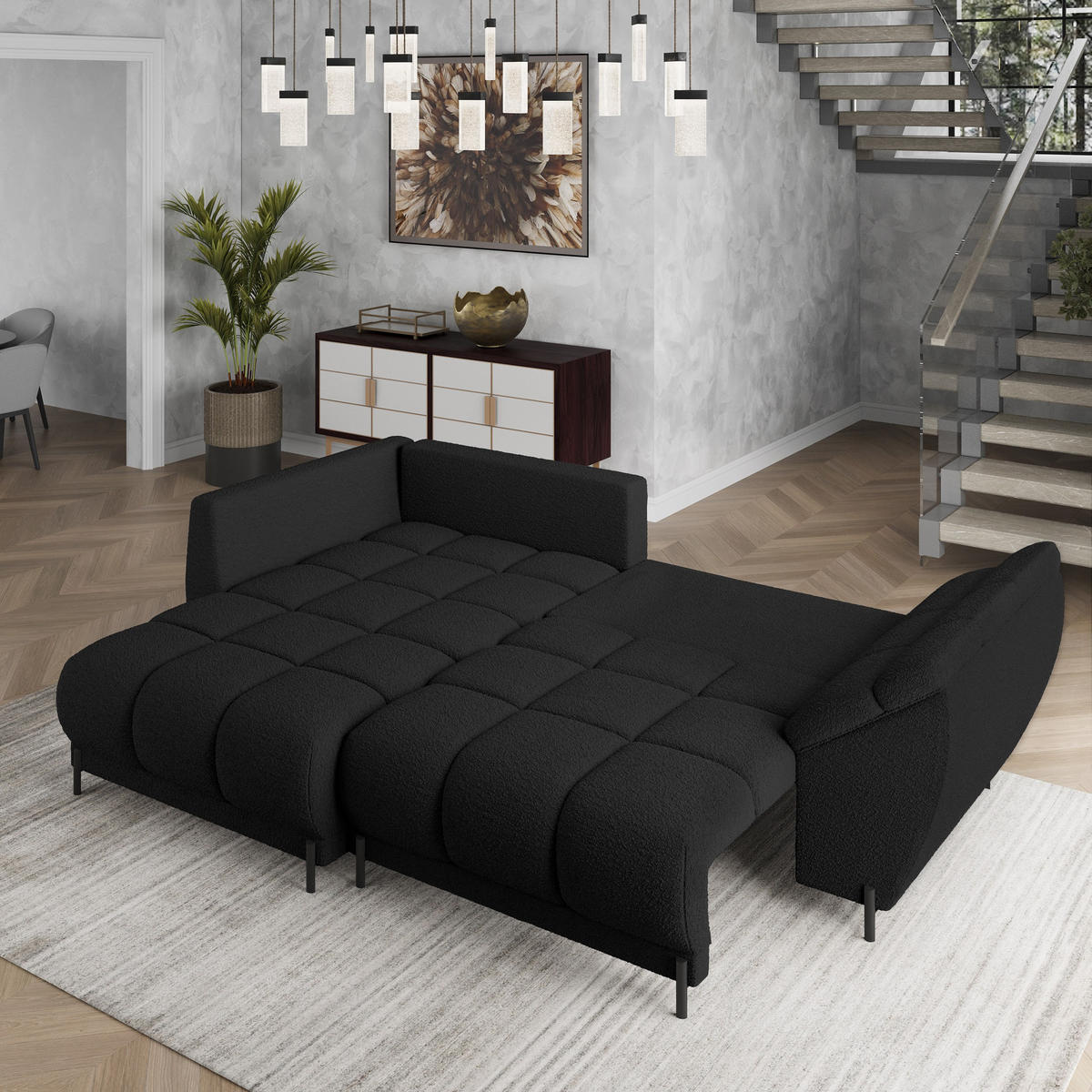 ECKSOFA VESTANO L-S Schwarz Boucle-Stoff mit Schlaffunktion - Schwarz, Holz (287/182cm) - MASSENO