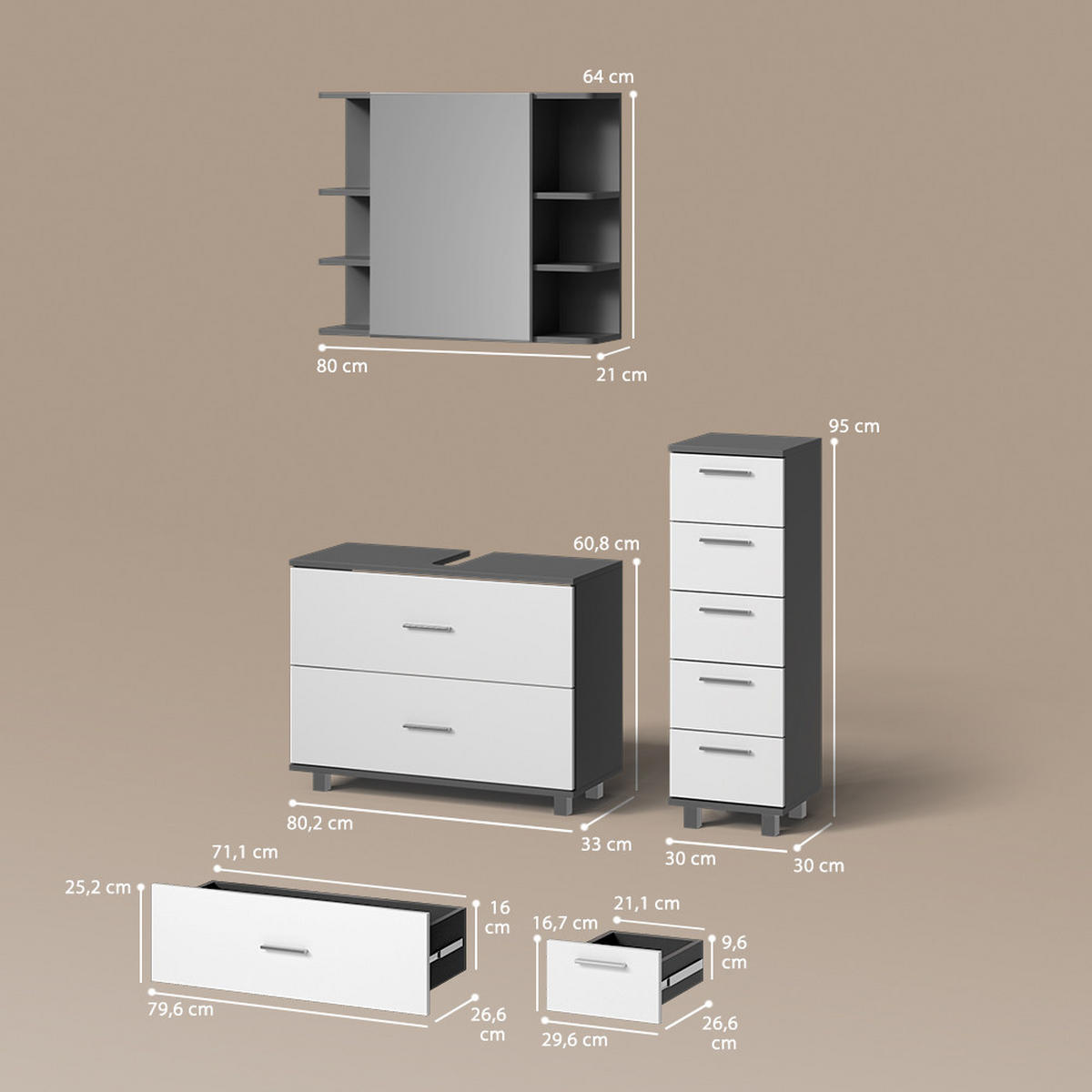 BADMÖBEL-SET Eisak Weiß/Anthrazit 3 Teile, mit Unterschrank 80 cm - Anthrazit/Weiß, Holzwerkstoff (80/60/33cm) - Livinity®