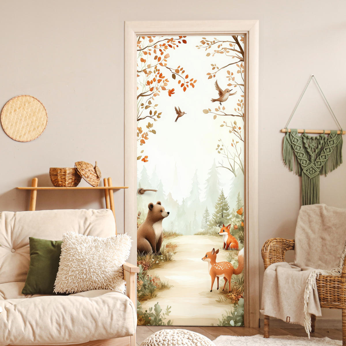 FOTOTAPETE Tür - Wald - Herbst - Waldtiere - Bär - Fuchs 95x235 cm - Kastanienfarben, Kunststoff (95/0.1cm) - MuchoWow