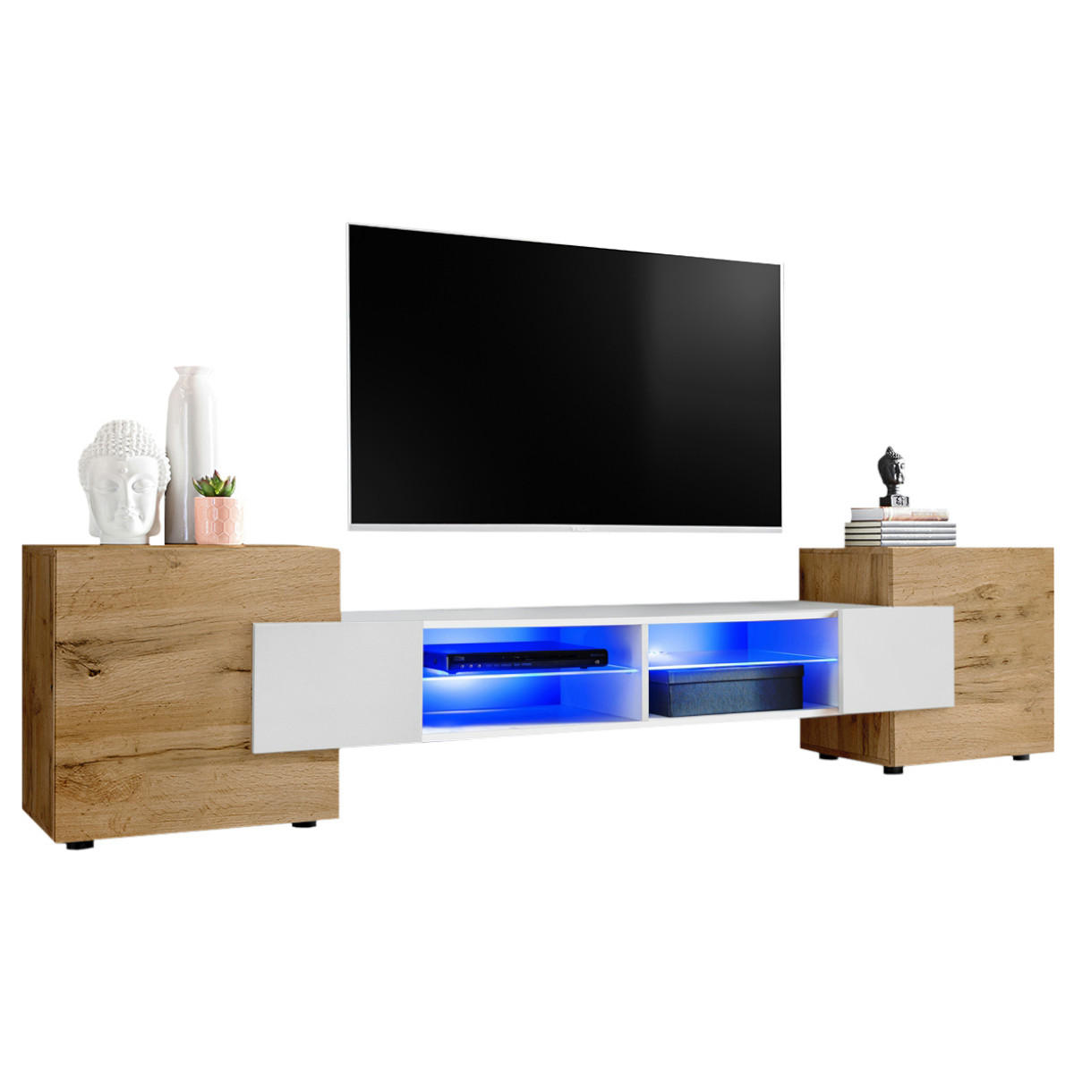 LOWBOARD MERANO Eiche Wotan, Blau LED Beleuchtung - Eiche Wotan/Weiß, Glas/Holzwerkstoff (230/52.5/35cm) - Komodee