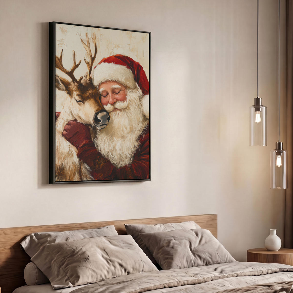 LEINWAND Bilder mit Rahmen - Weihnachtsmann - Rentier - Weihnachten - 70x100 - Rotbraun, Textil (70/100cm) - MuchoWow