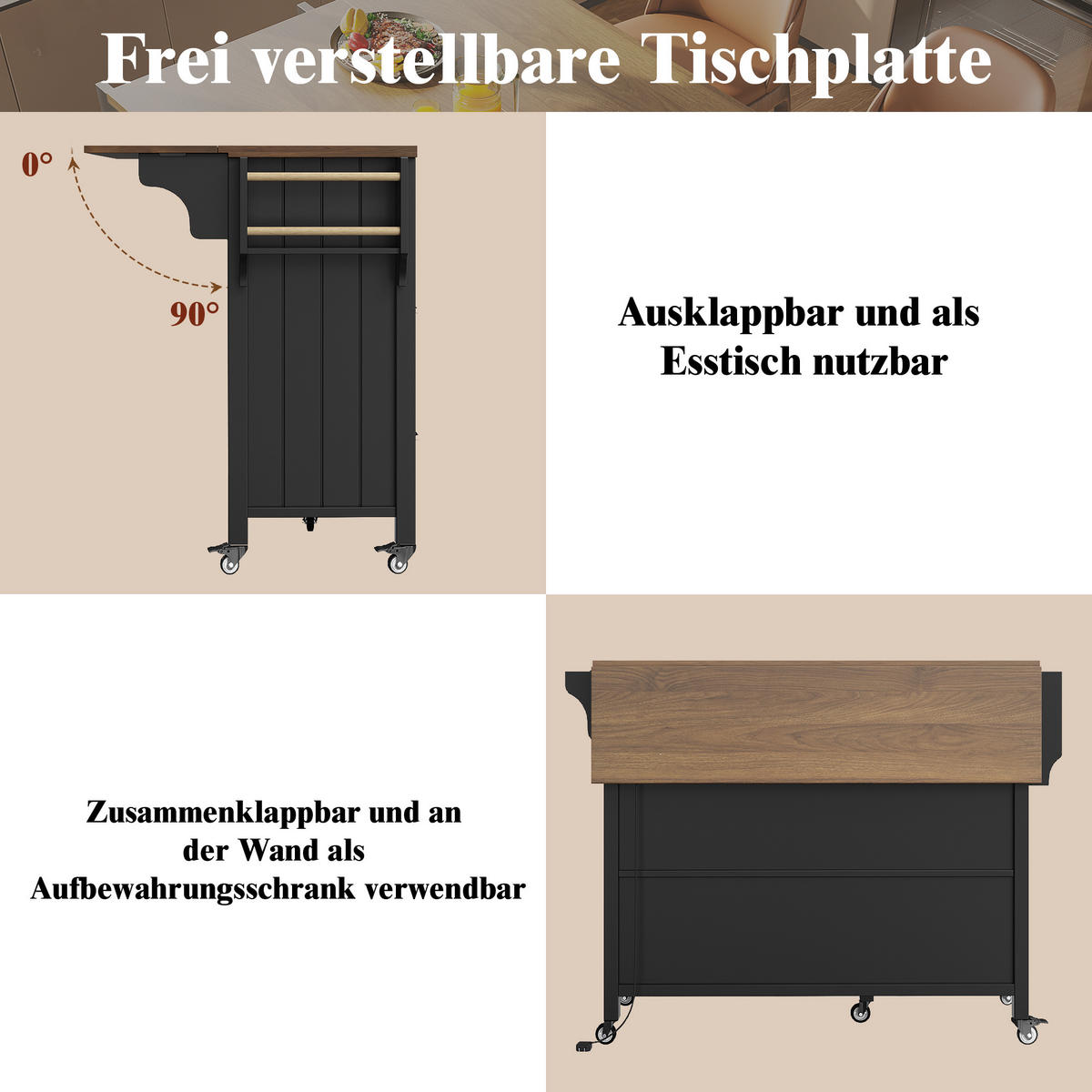 KÜCHENINSEL in Schwarz Küchentisch mit Holzmaserung, Glasvitrine, LED, Rollen,Handtuchhalter und Stauraum,B139/T65/H94cm - Schwarz, Glas/Holzwerkstoff (139/94.5/65cm) - STILVORA