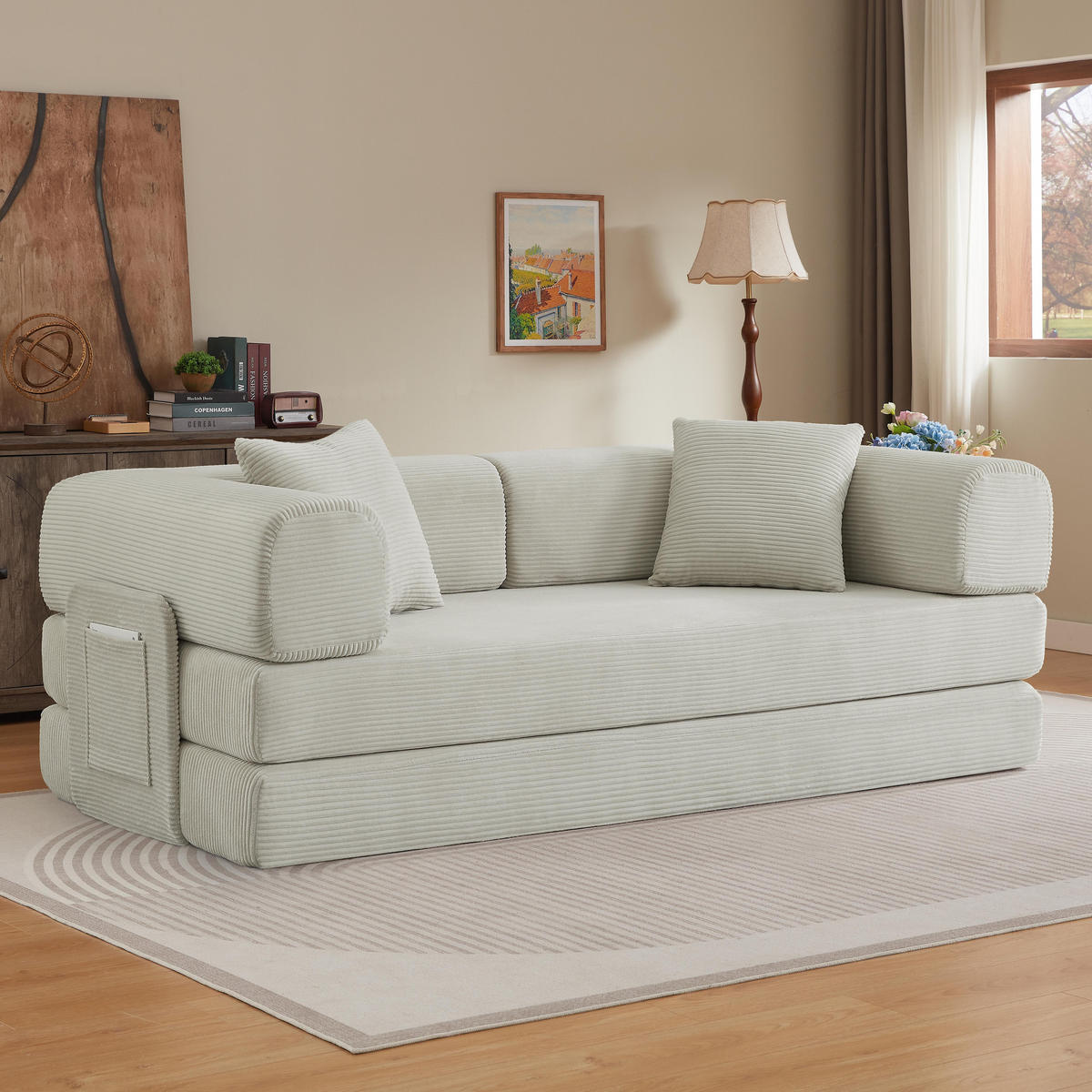 SCHLAFSOFA DE-34938 Tatami-Bodensofa mit 2 Kissen Beige - Beige, Textil (204/65/97cm) - ComfortXL