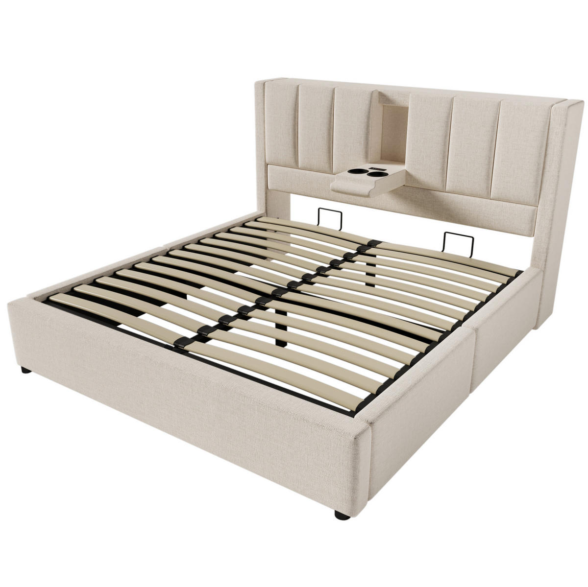 POLSTERBETT mit Stauraum 180x200 cm Leinen Beige mit Ladestation - Beige, Metall (180/200cm) - Meubliv