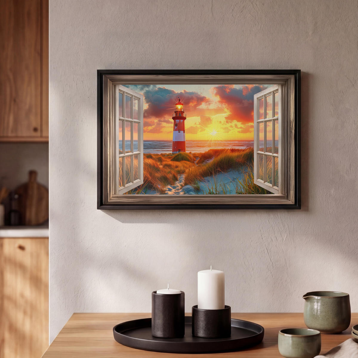 LEINWAND Bilder mit Rahmen - Aussicht - Fenster - Leuchtturm - Sonnenuntergang - Strand - 30x20 - Dunkelorange, Textil (30/20cm) - MuchoWow