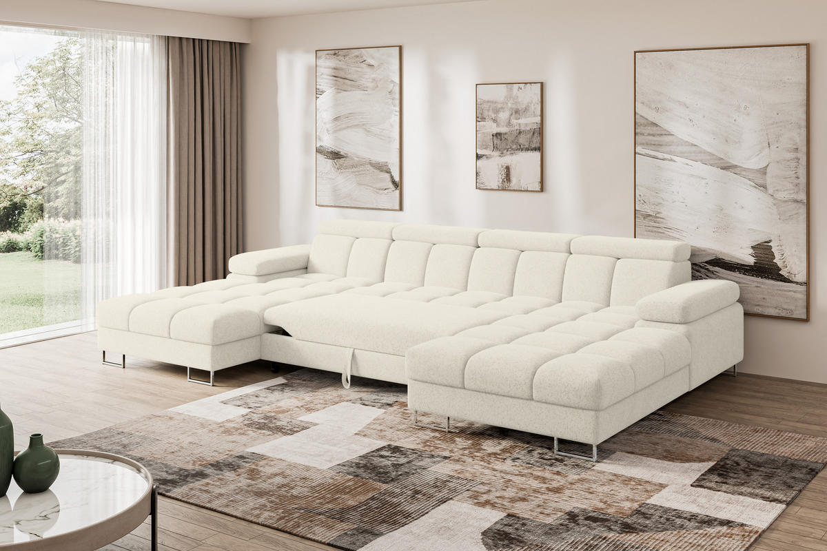 WOHNLANDSCHAFT mit Schlaffunktion und Bettkasten COMA U2 345x203x79 Creme Velours - Creme, Holzwerkstoff/Textil (345/79/203cm) - ALTDECOR