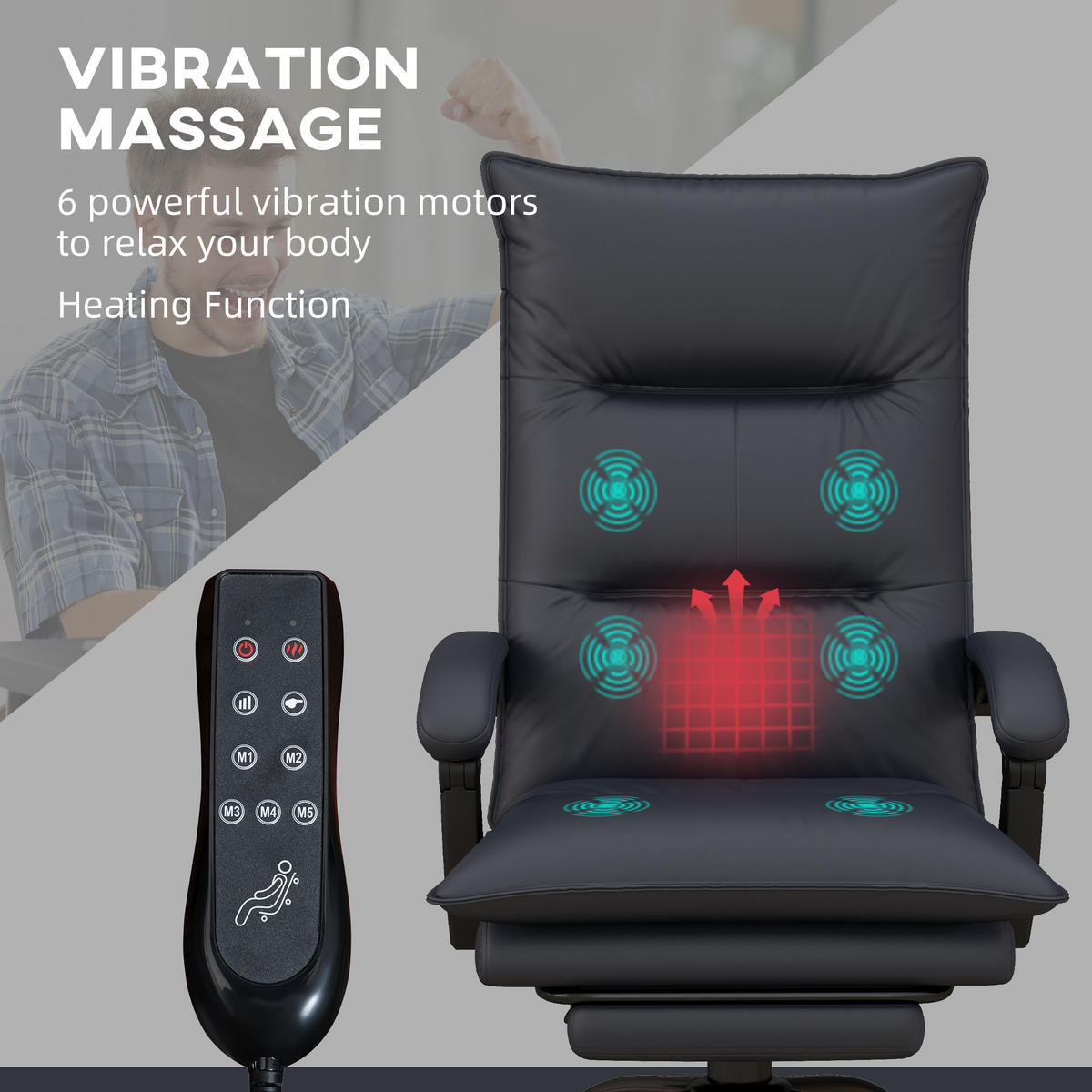 MASSAGE-BÜROSTUHL, Polyester, Schaumstoff, MDF, Stahl, Dunkelgrau - Dunkelgrau, Kunststoff (74/121.5/66cm) - Vinsetto