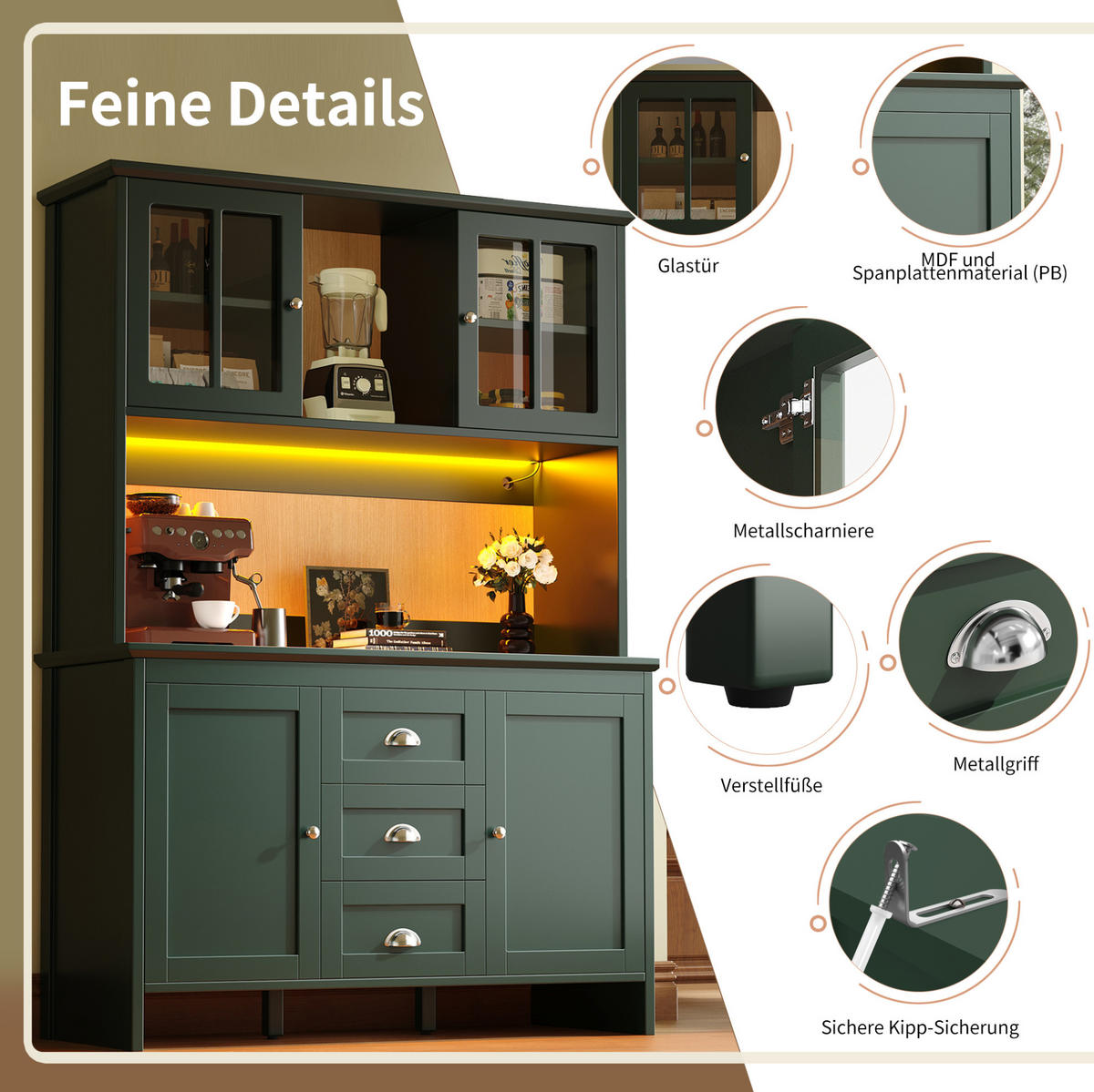 BUFFET 120/40/179 cm grün aus MDF mit LED-Beleuchtung - Grün, Holzwerkstoff (120/179/40cm) - OKWISH