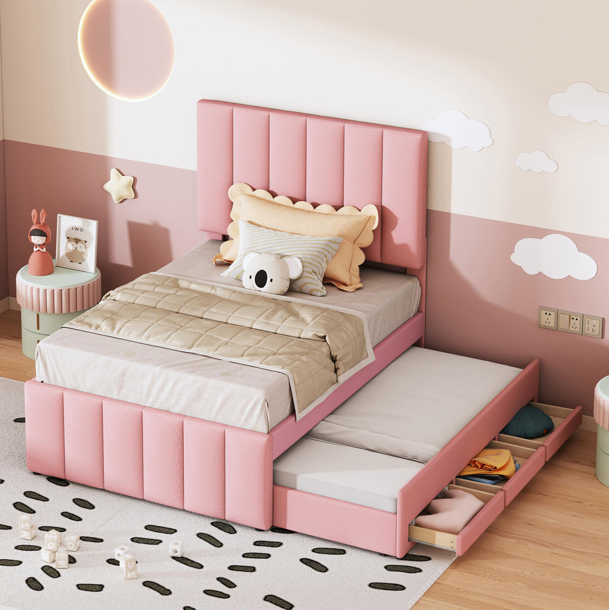 POLSTERBETT 90/200 cm Rosa aus Leinen mit Rollbett und Schubladen - Pink, Textil (90/200cm) - OKMYHOME