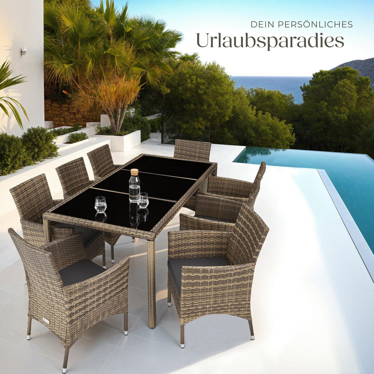 RATTAN SITZGRUPPE Almansa,inklusive Schutzhülle,natur/dunkelgrau - Naturfarben, Kunststoff - tectake