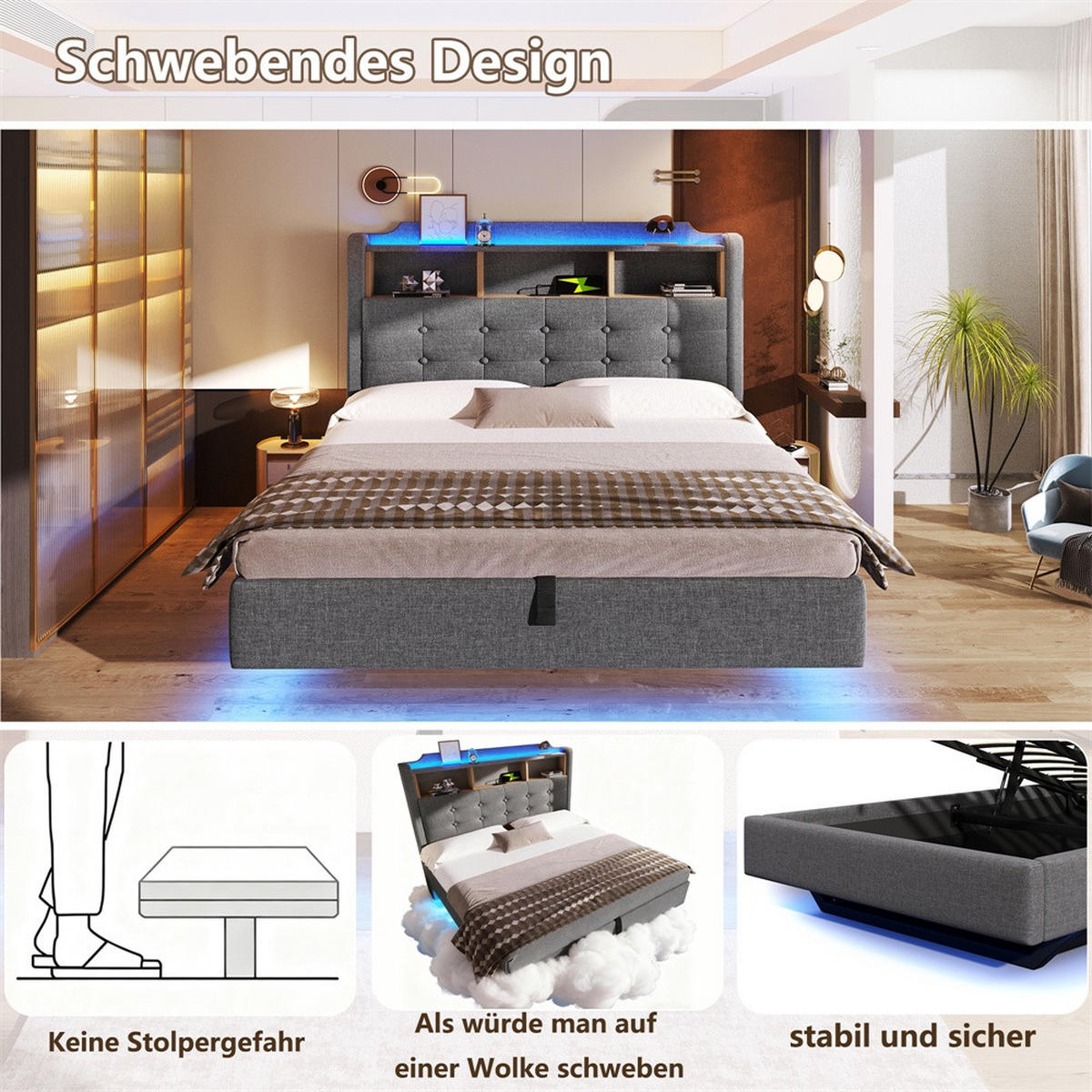 POLSTERBETT 140x200 cm mit LED-Beleuchtung und hydraulischem Stauraum - USB/Typ-C & Klappfach - Grau - Grau, Textil (140/200cm) - DELFA