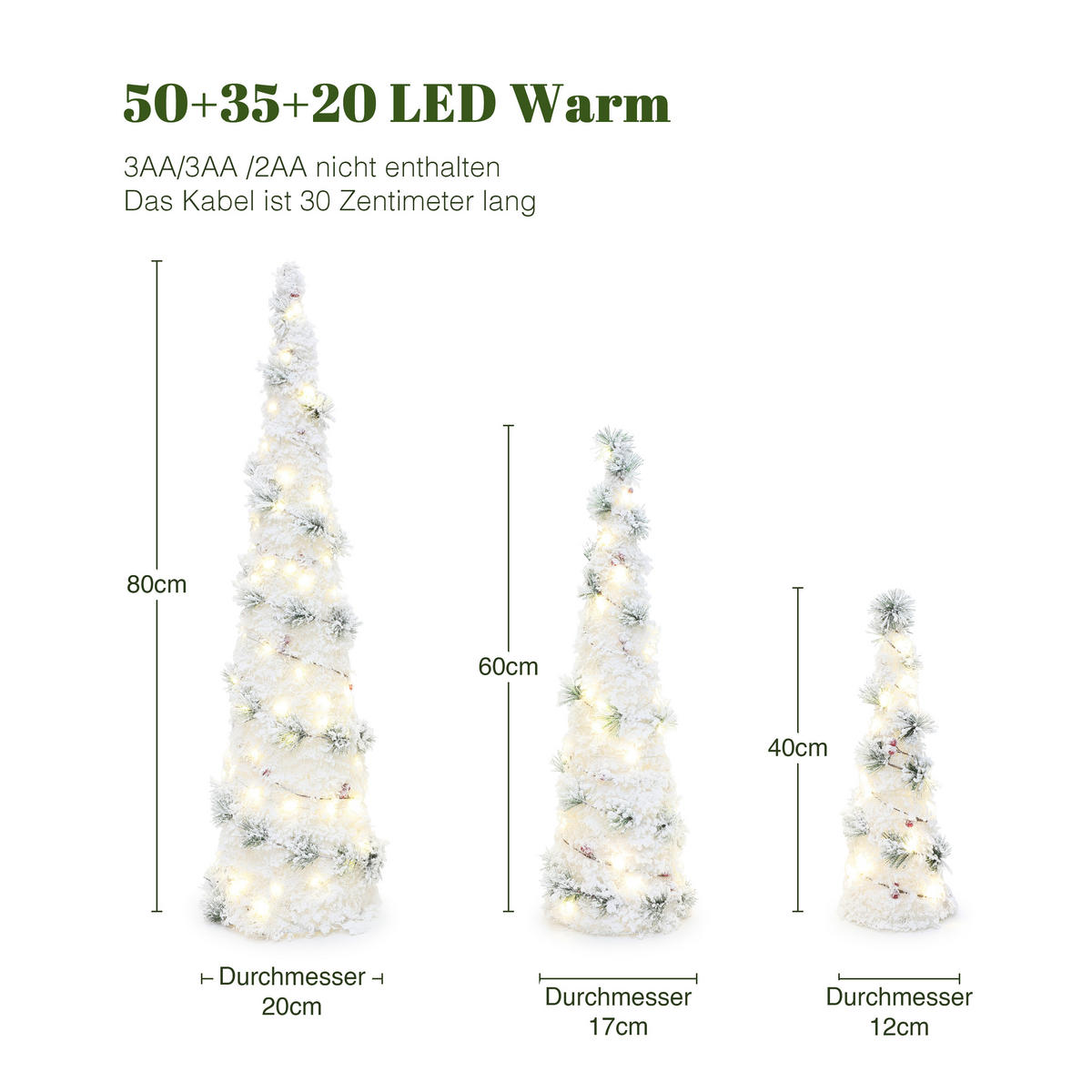 WEIHNACHTSBAUM Beleuchtet HTHD0247 - Weiß/Grün, Kunststoff/Metall (20/80/20cm) - Hometopia