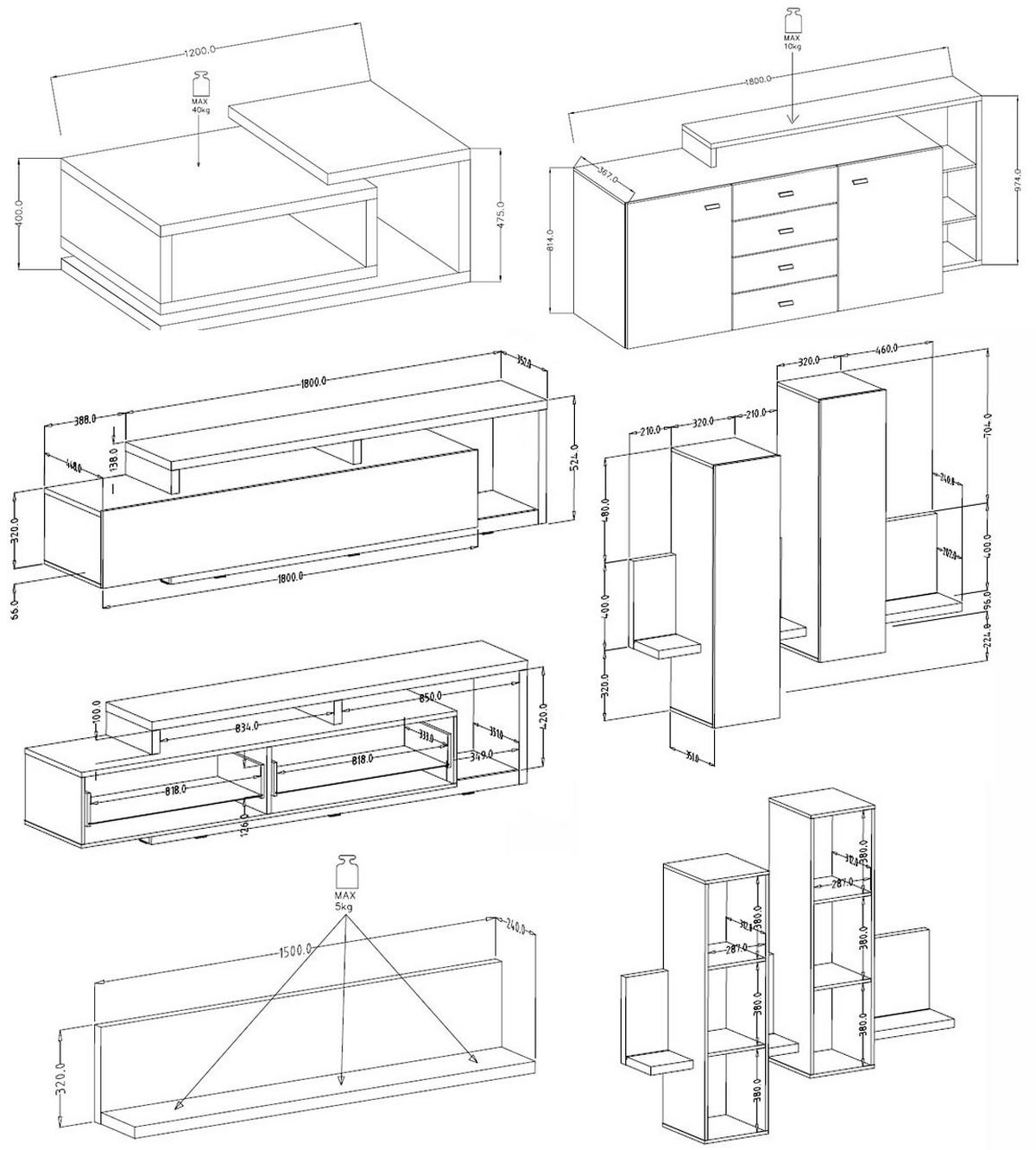 WOHNZIMMER-SET 5-teilig Broto Weiß / Beton Colorado - Multicolor/Grau, Holz/Holzwerkstoff (371/142/60cm) - Feldmann-Wohnen
