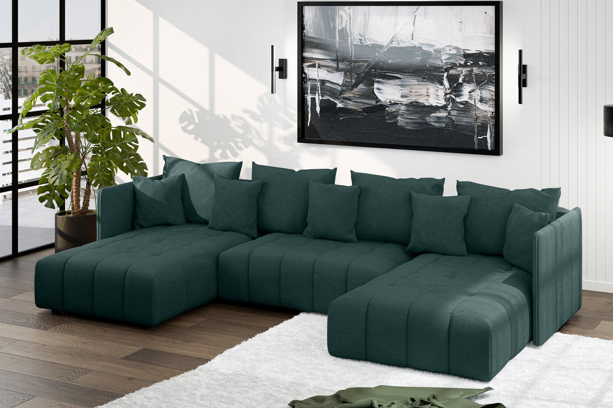 WOHNLANDSCHAFT Veliro U Grün 353/180/83 cm mit Schlaffunktion und Bettkasten - Schwarz/Grün, Kunststoff/Textil (353/83/180cm) - AX Living