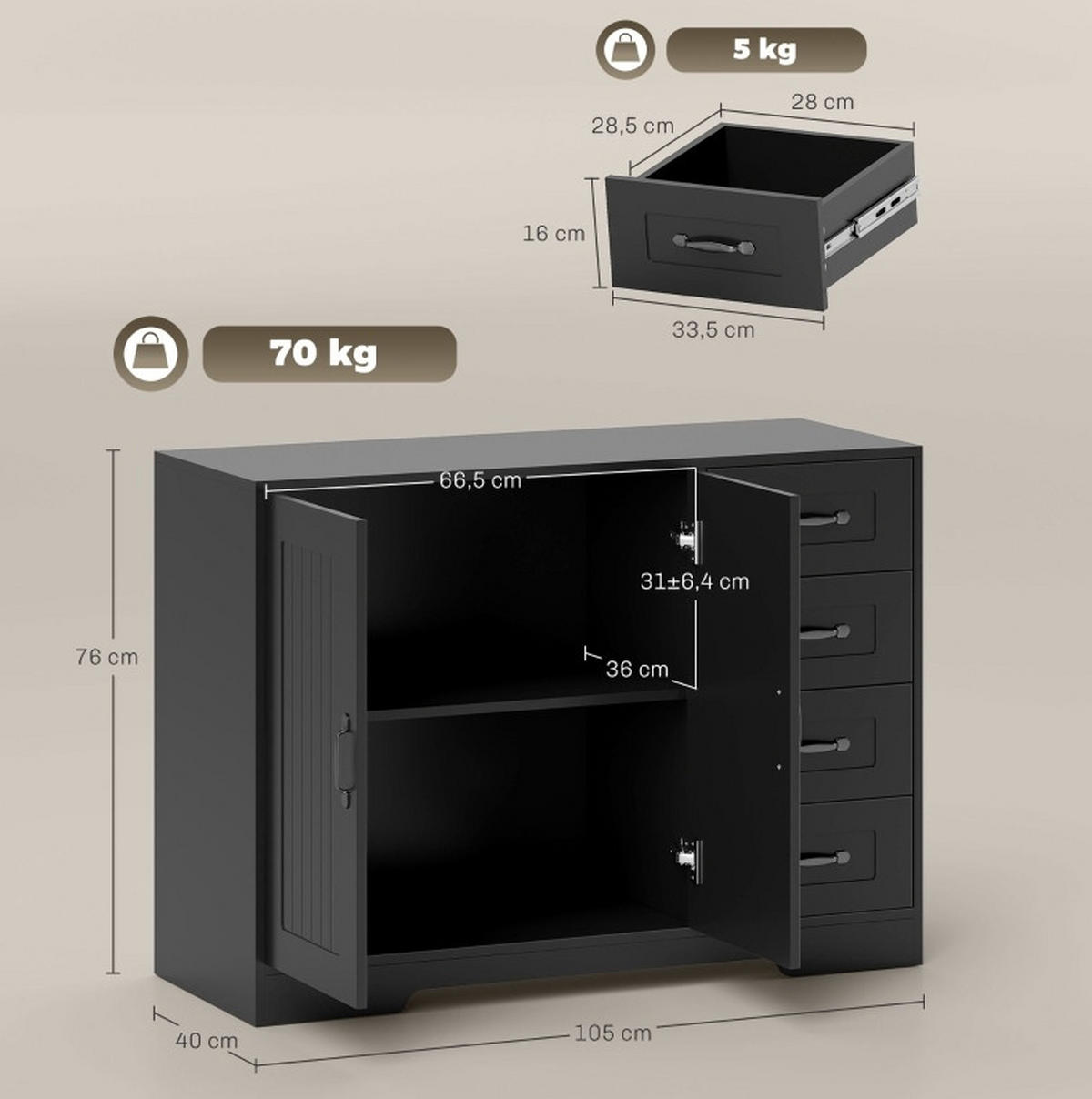 SIDEBOARD 105/40/76 cm aus Holzwerkstoff mit 4 Schubladen und verstellbarem Einlegeboden Schwarz - Schwarz, Holz (105/76/40cm) - Modenvie