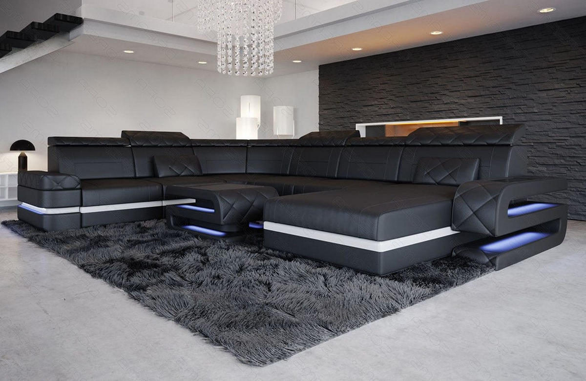 WOHNLANDSCHAFT Bologna Schwarz Weiß Büffelleder - Schwarz, Leder (397/89/299cm)