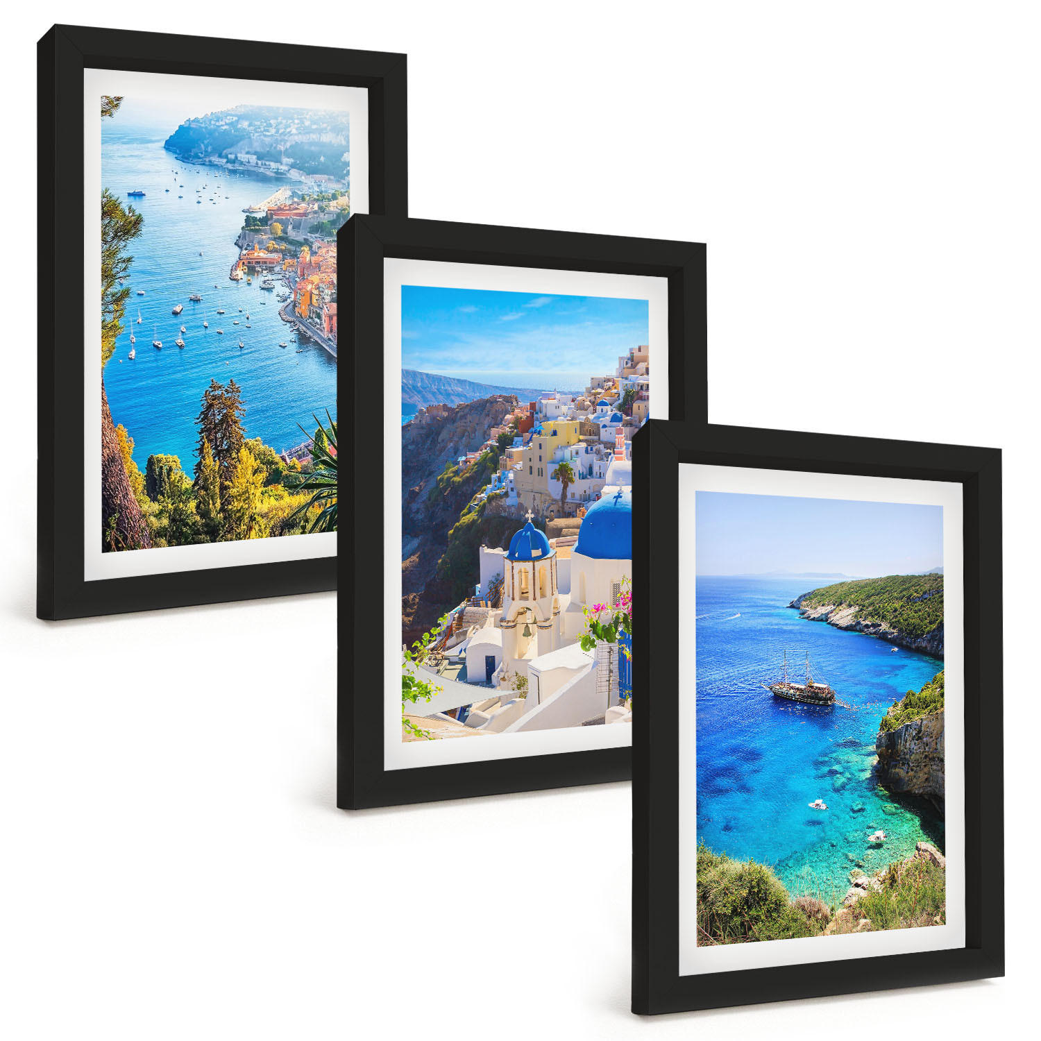 BILDER SET 3er Set - 20x30 cm Schwarzer Rahmen - Griechische Ansichten von Santorin Oia - Schwarz, Kunststoff (20/30cm) - TULUP