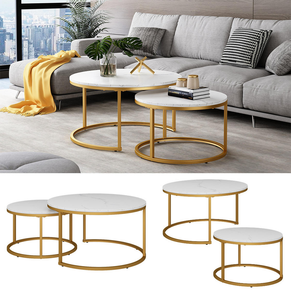 COUCHTISCH-SET Montreal Weiß/Gold 77 x 40 cm 2 Teile - Goldfarben/Weiß, Holzwerkstoff (40/77/40cm) - Vicco