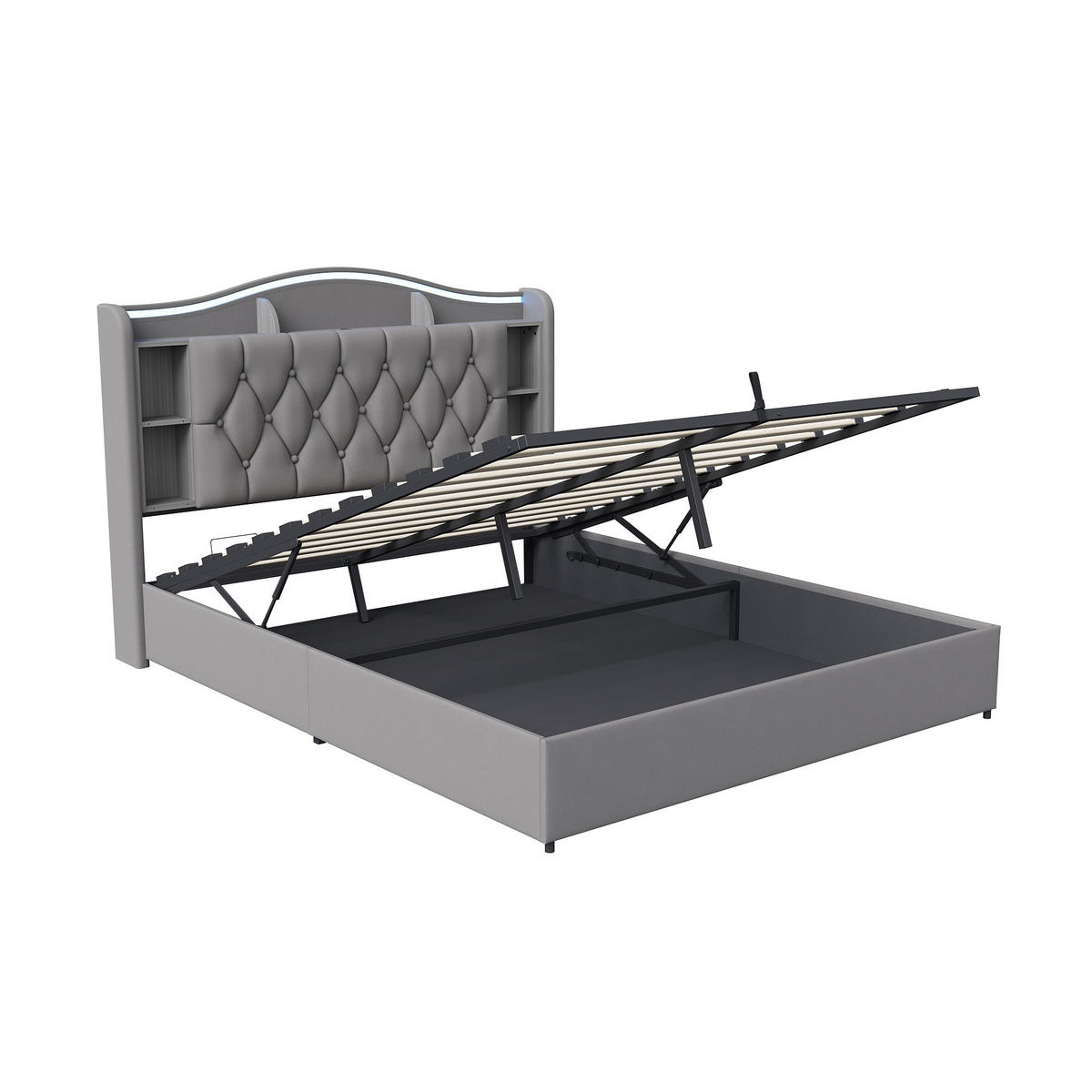 POLSTERBETT 160/200 cm mit Stauraum-Bettkasten, Ablagekopfteil mit Seitenfächern, mehrfarbigem LED-Licht & USB-Anschluss, grauer Stoffbezug - Grau, Holz/Metall (160/200cm) - Joyfair