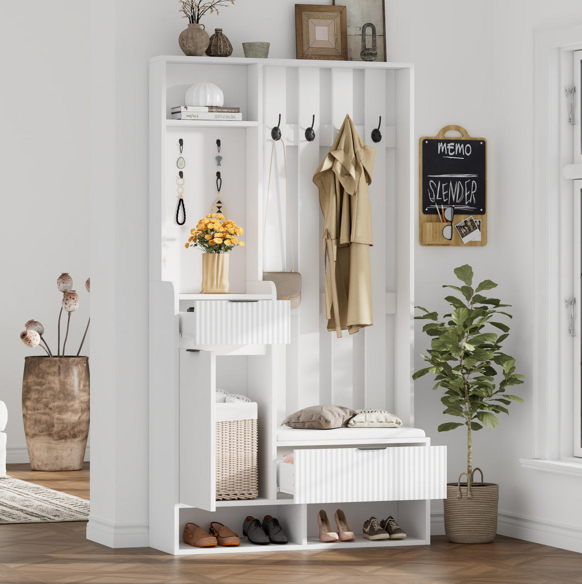 GARDEROBENKOMBINATION 100/30/180 cm aus Spanplatte mit Sitzbank, Schubladen und Kippschutz Weiß - Weiß, Holzwerkstoff (100/180/30cm) - Modenvie