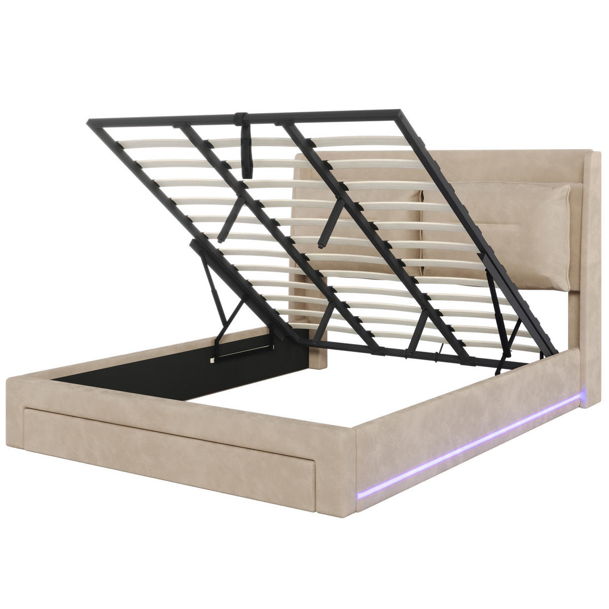 POLSTERBETT 180/200 cm Beige mit hydraulischem Bettkasten und LED-Beleuchtung - Beige, Textil (180/200cm) - OKWISH