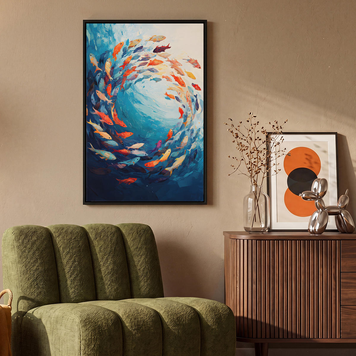 LEINWAND Bilder mit Rahmen - Meer - Fische - Bunt - Dynamisch - 60x90 - Hellblau, Textil (60/90cm) - MuchoWow