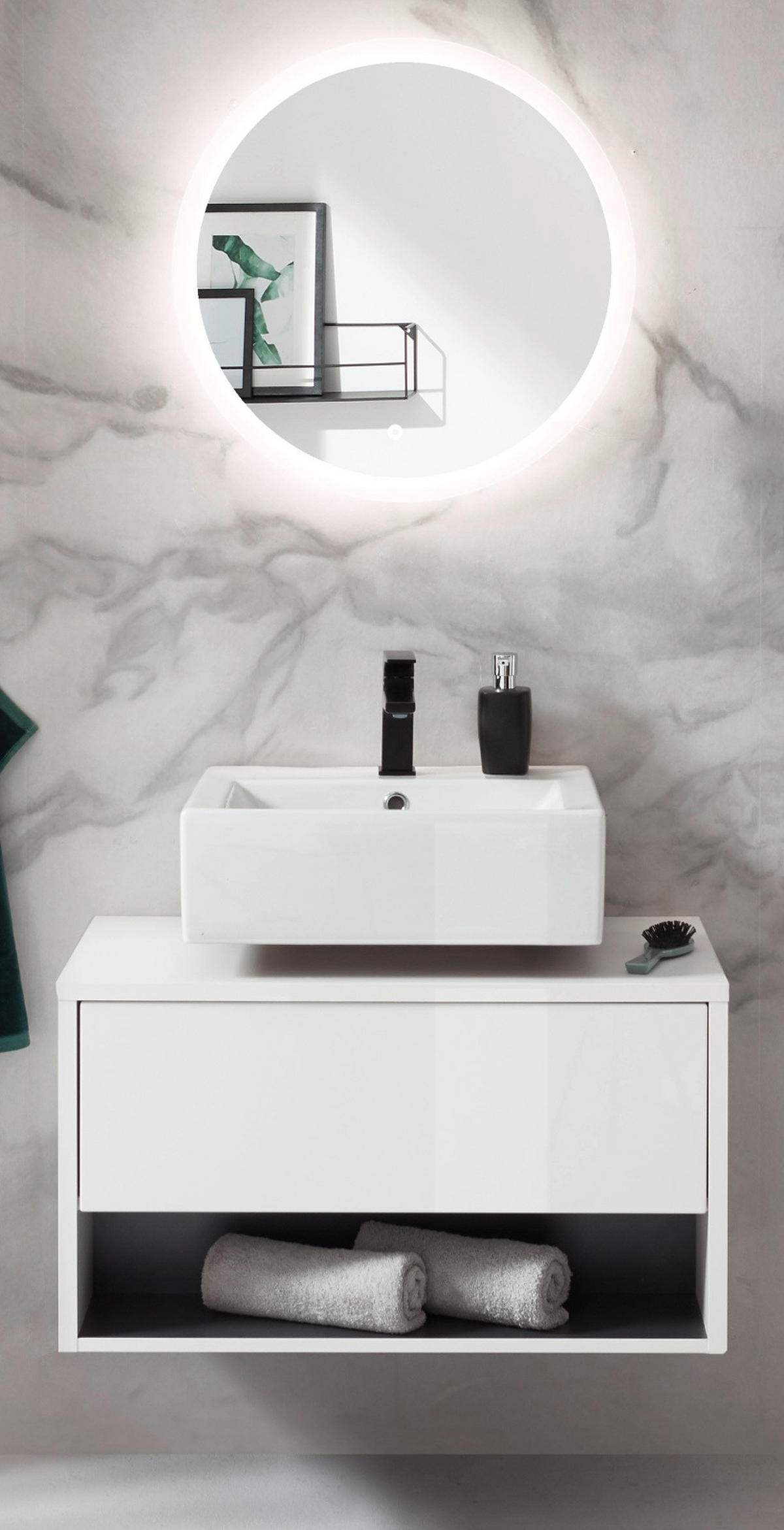 BADMÖBEL Set 2-teilig in weiß Hochglanz und grau mit LED Beleuchtung 80 x 190 cm Glide - Weiß Hochglanz/Grau, Glas/Holzwerkstoff (80/190/46cm) - Furn.Design