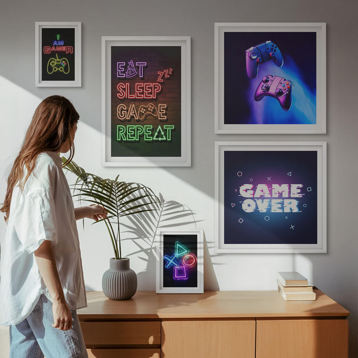 BILDER SET 5er Set - 50x50 cm & 20x30 cm & 40x60 cm Weißer Rahmen - Gamepads, Spielersymbol-Untertitel - Weiß, Kunststoff (40/60cm) - TULUP