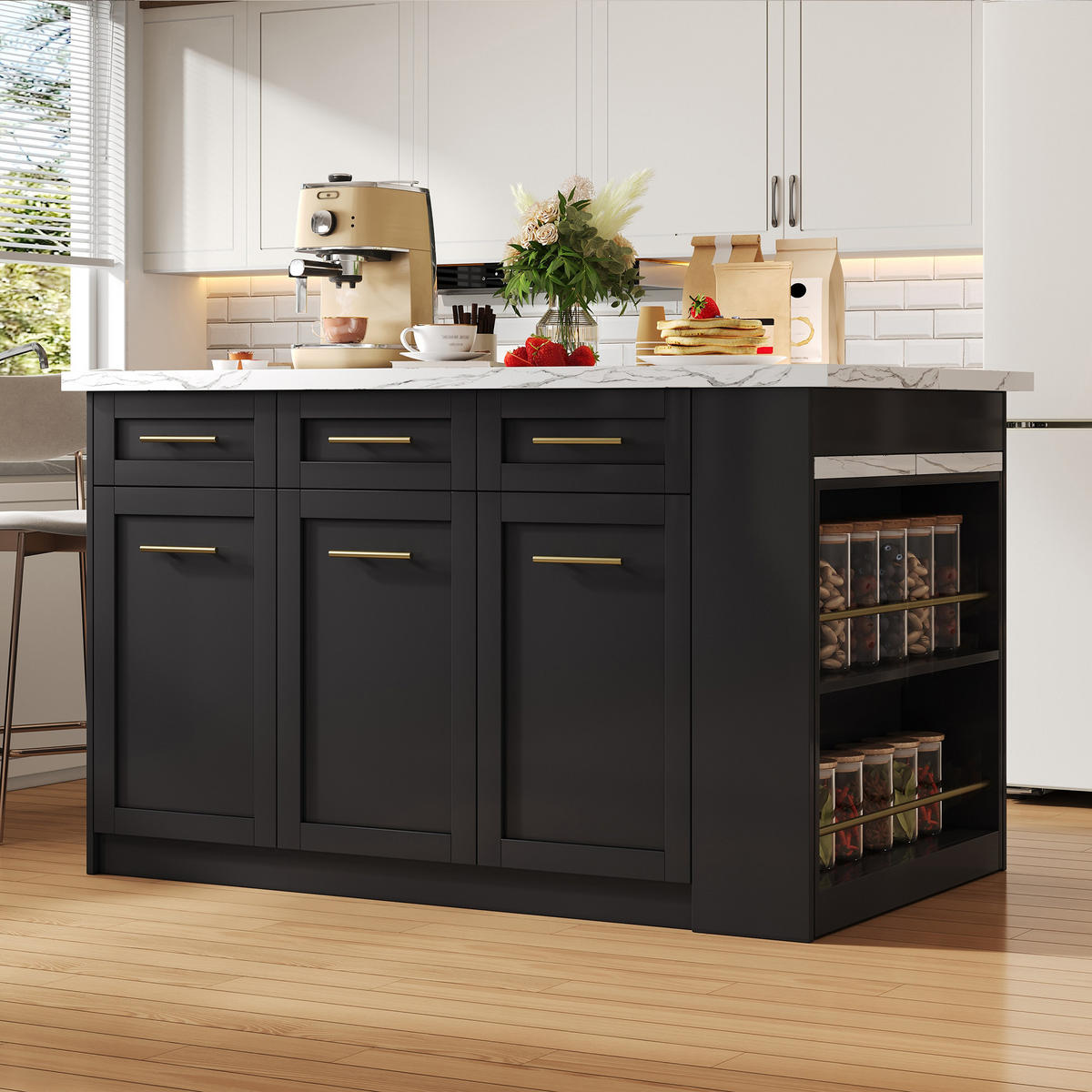 KÜCHENINSEL 150x90x90cm Schwarz mit ausziehbarem Esstisch & Schränken - Schwarz, Holzwerkstoff (150/90/90cm) - Modfu