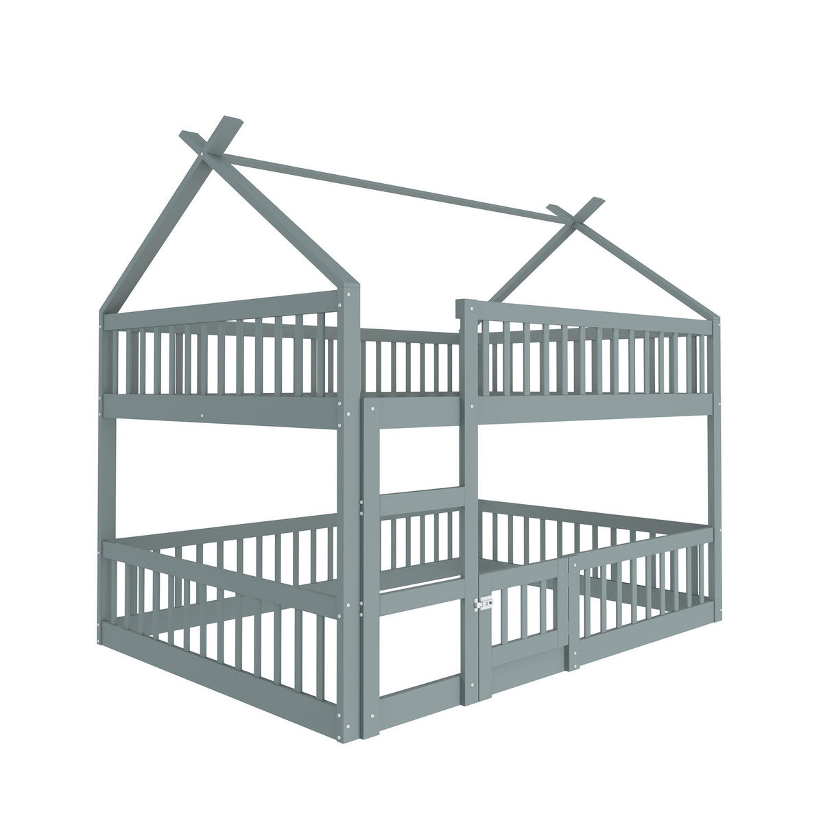 ETAGENBETT 140/200 cm Grau Massivholz mit Treppe und Hochsicherheitzaund - Grau, Holz (140/200cm) - OKWISH