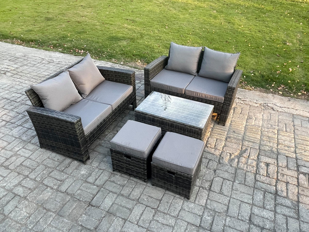 GARTENMÖBEL-SET MIT COUCHTISCH DOPPELSITZ-SOFA Polyrattan Dunkelgrau Gemischt 6-Sitzer - Dunkelgrau, Metall - Fimous