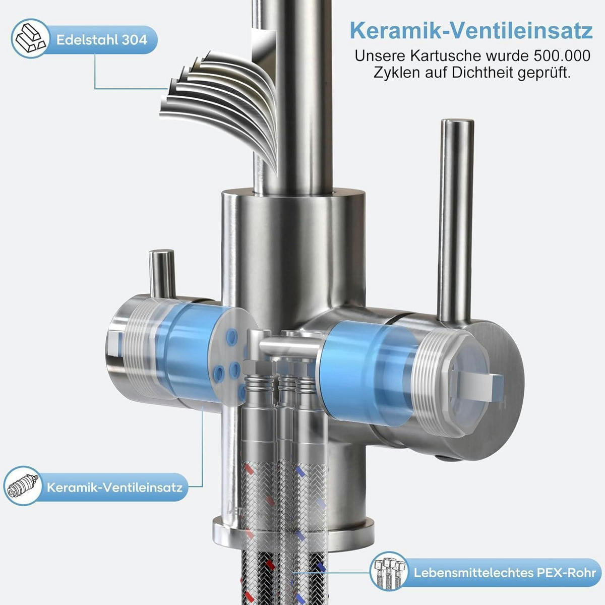 KÜCHENARMATUR 3-Wege mit Trinkwasserfunktion gebürstetes Silber - Silberfarben, Metall (20.6/26.7/39.6cm)