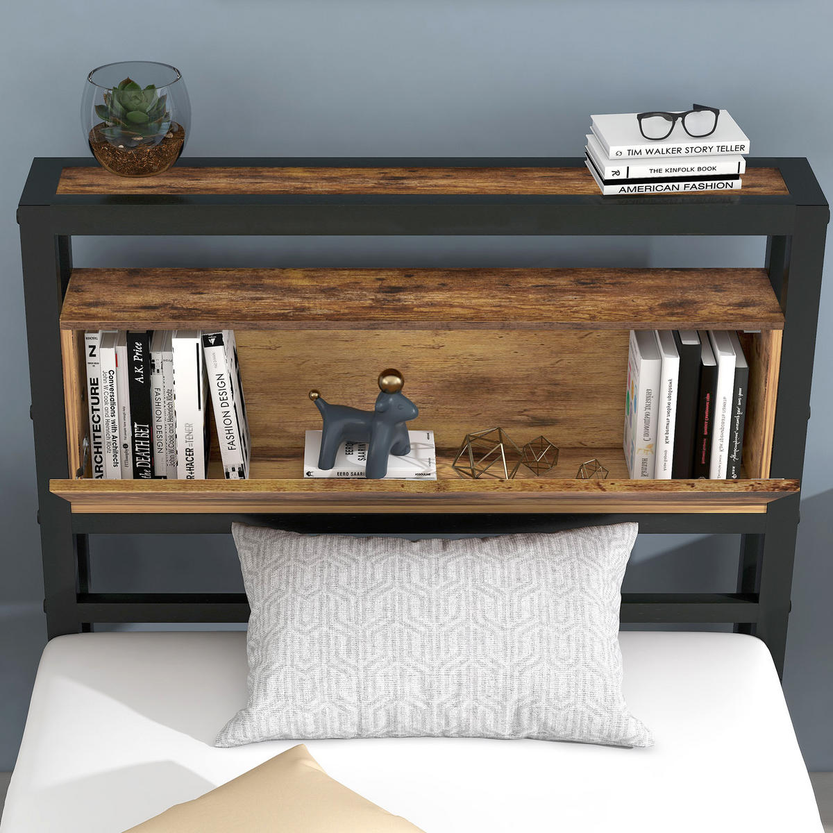 BETT 90/200 cm mit Stauraum-Kopfteil und Holzmaserung - Naturfarben, Metall (90/200cm) - OKWISH