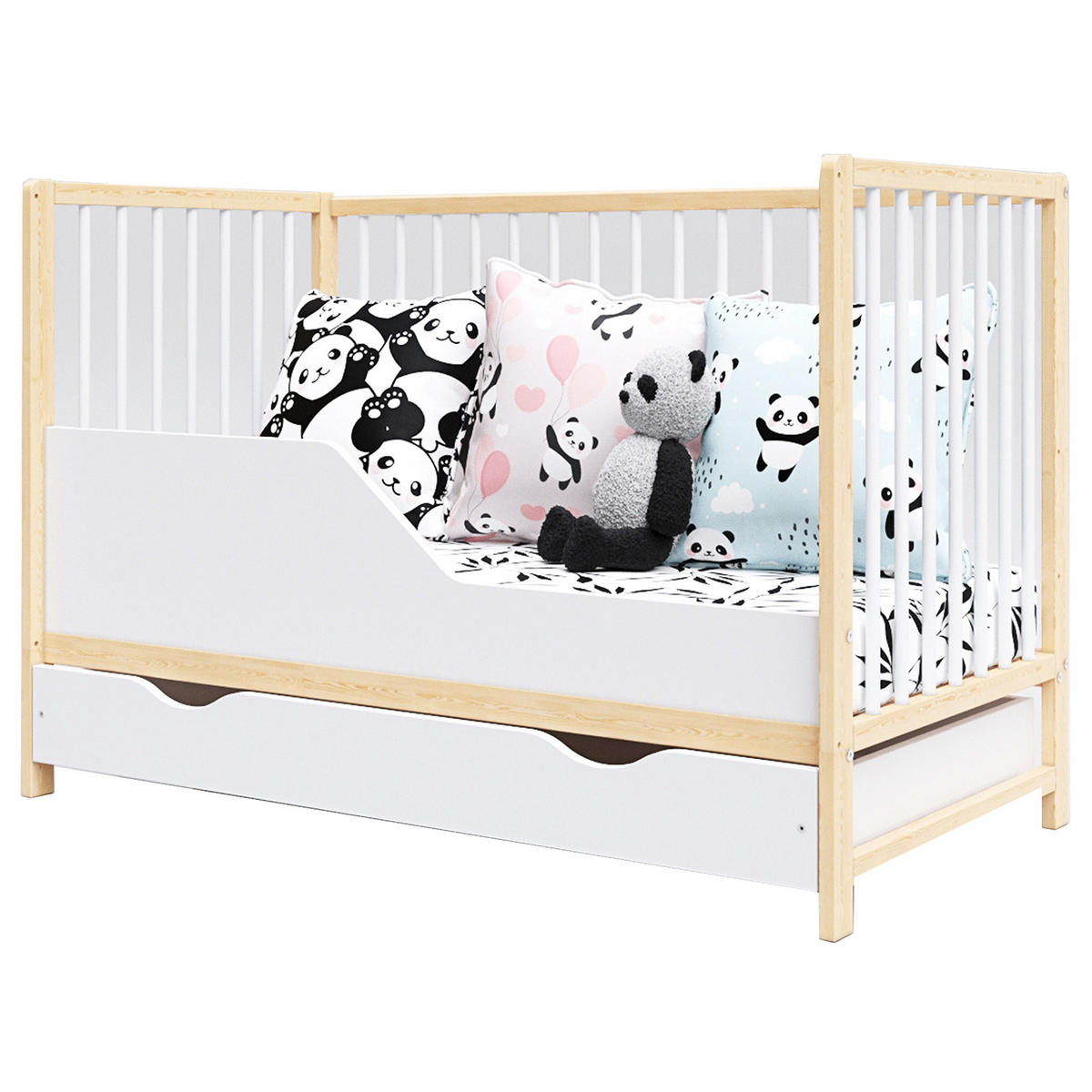 BABYBETT Anna, Mitwachsendes, mit Schublade Weiß und Kiefer - Kieferfarben, Holz (60/120cm) - Premiers Moments