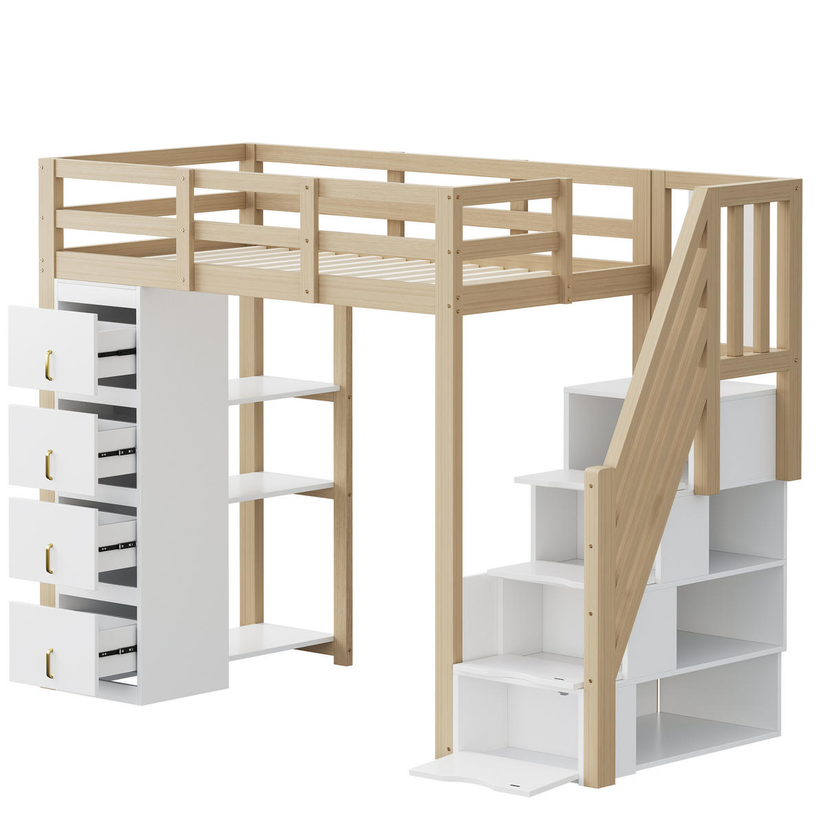 HOCHBETT 90/200 cm aus Massivholz mit Stauraum, Regal und Rausfallschutz - Weiß, Holz (90/200cm) - BEAOK