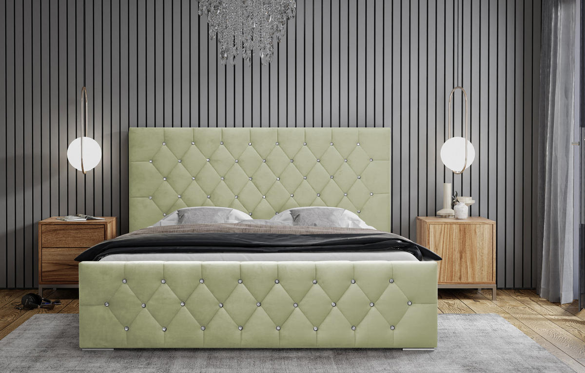 POLSTERBETT Mona I Polsterbett modern, hochwertiger Stoff, Bettkasten, elegantes halbrundes Design 160x200 cm, Seladon. - Schwarz/Hellgrün, Holzwerkstoff/Kunststoff (160/200cm) - DomoHome
