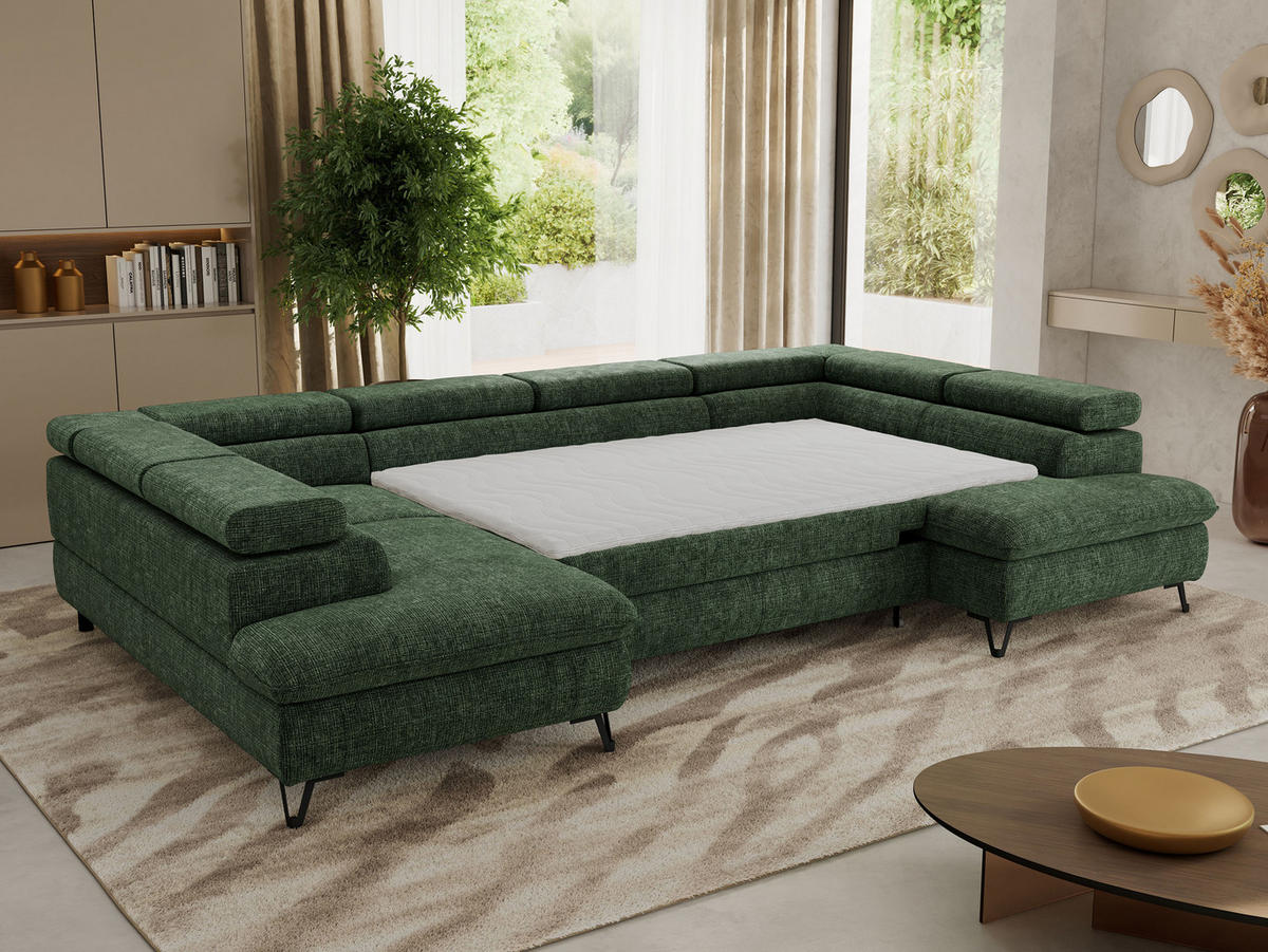 WOHNLANDSCHAFT PABLO U Schenille grob gewebt Dunkelgrün mit Topper Visco - Dunkelgrün/Schwarz, Textil/Metall (346/76/208cm) - MKS