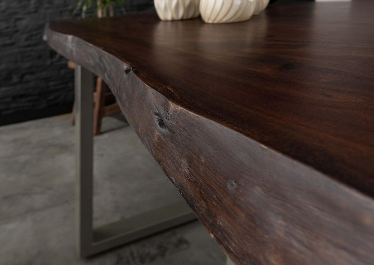 BAUMTISCH Akazie 140x90x77 braun lackiert / U-Beine silber matt FREEFORM 5 - Silberfarben/Braun, Holz (140/90/77cm) - Massivmoebel24