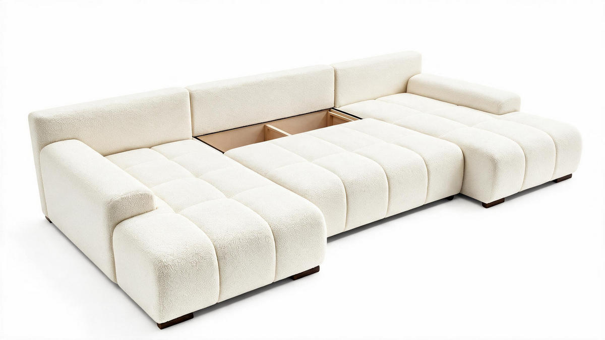 WOHNLANDSCHAFT OVIA U mit Bettkasten und Schlaffunktion, Bouclé-Stoff in U-Form - Beige, Textil (350/80/185cm)