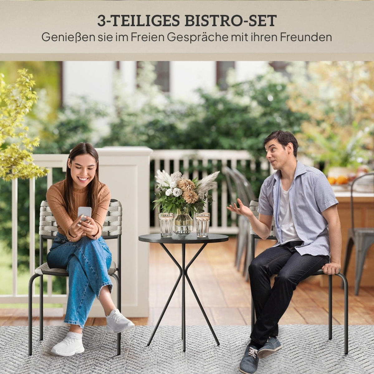 BALKONSET 3-teilig,48×48×60cm,Stapelbare Stühle mit Rattan Tisch - Grau, Metall - Modfu