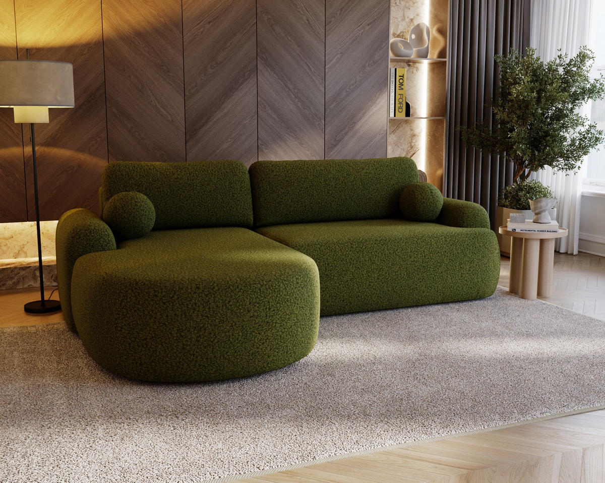 ECKSOFA Cloudy Grün, Sofa aus Boucle-Stoff mit Kissen, linke seite - Grün, Holzwerkstoff/Textil (177/261cm) - Bettso