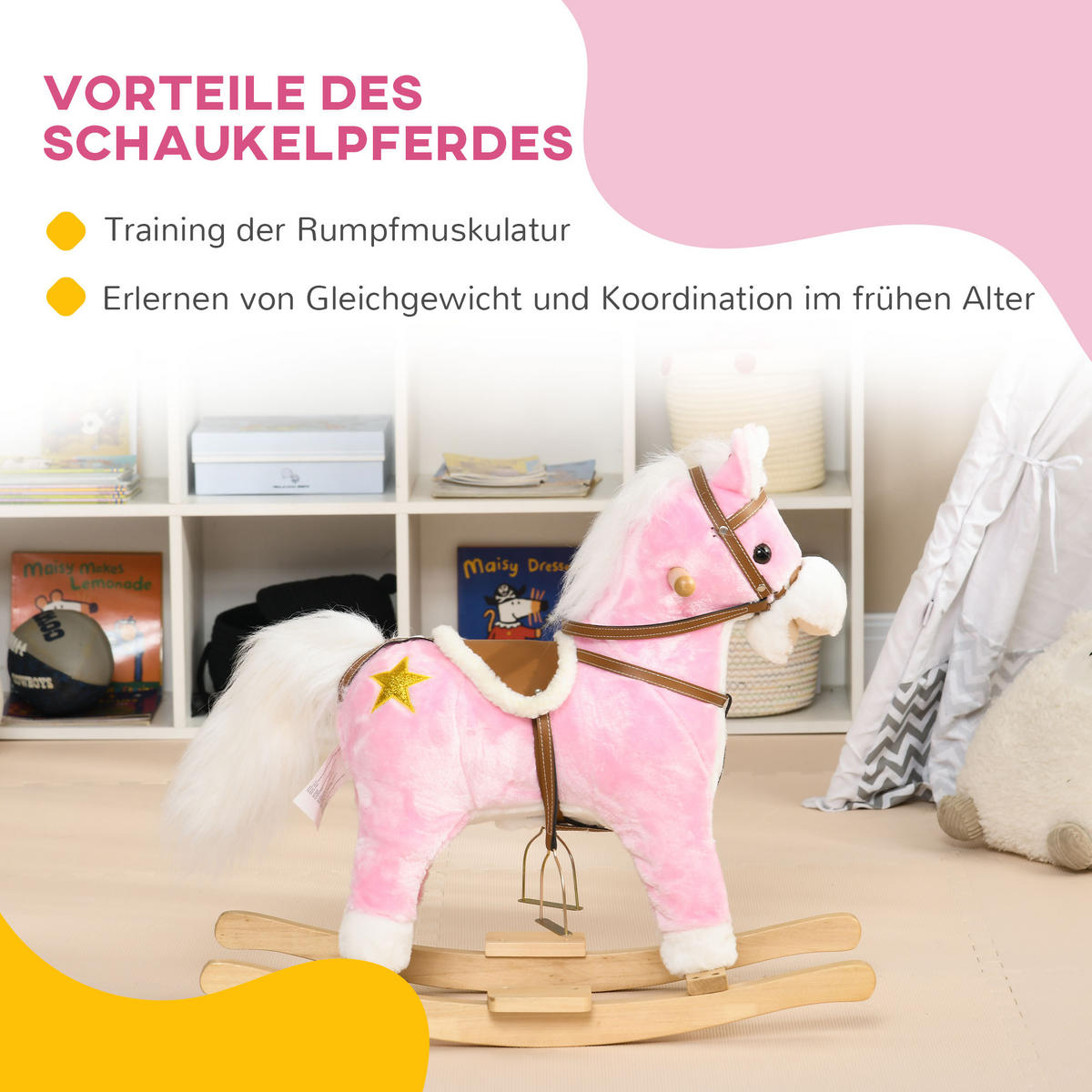 KINDER SCHAUKELTIER, Rosa, Pappelholz+ Plüsch (100% Polyester) - Rosa, Holz (26/62/68cm) - HOMCOM