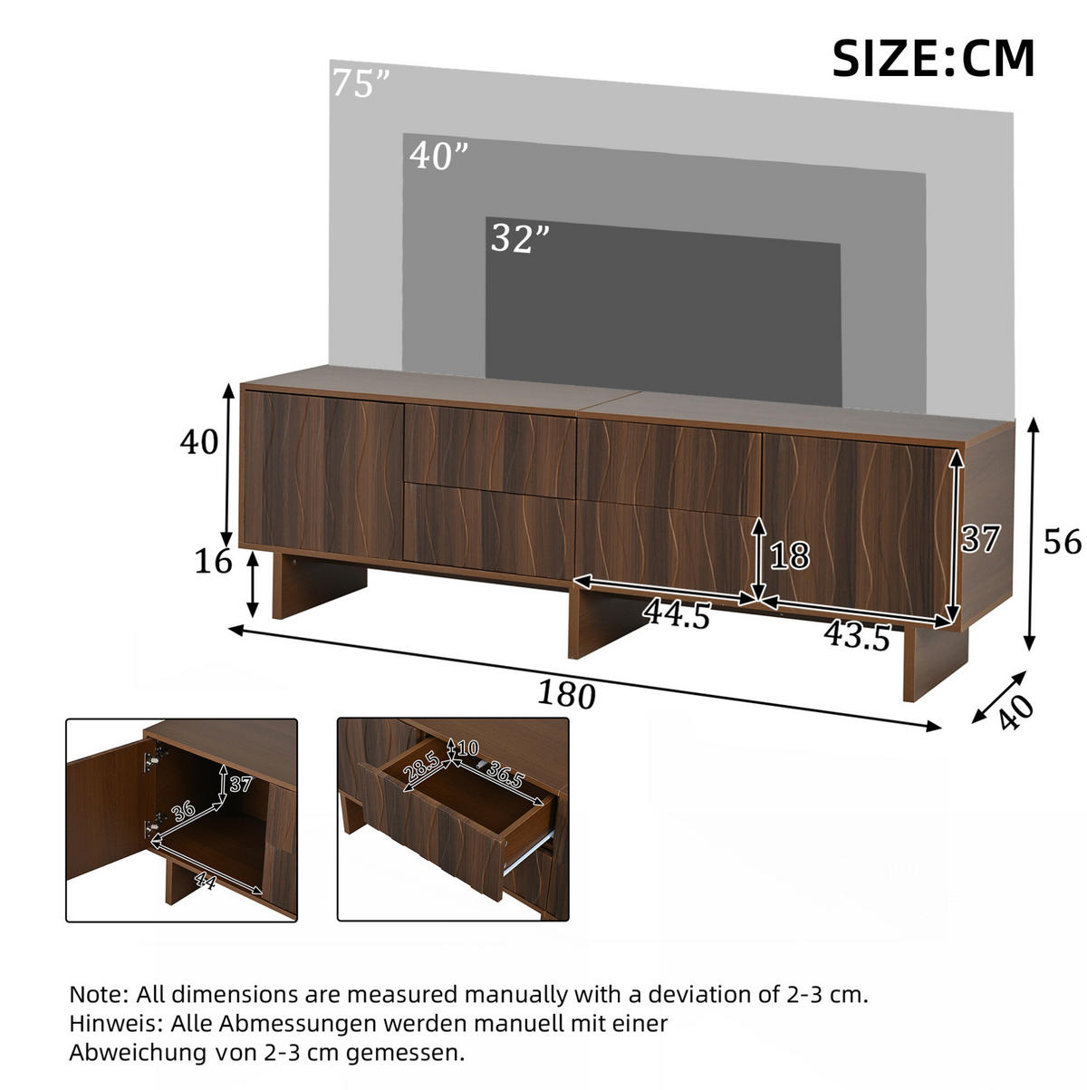 TV-LOWBOARD aus Spanplatte 180x40x56 cm Walnuss mit 4 Schubladen und 2 Türen - Braun, Holzwerkstoff (180/56/40cm) - IVMEU