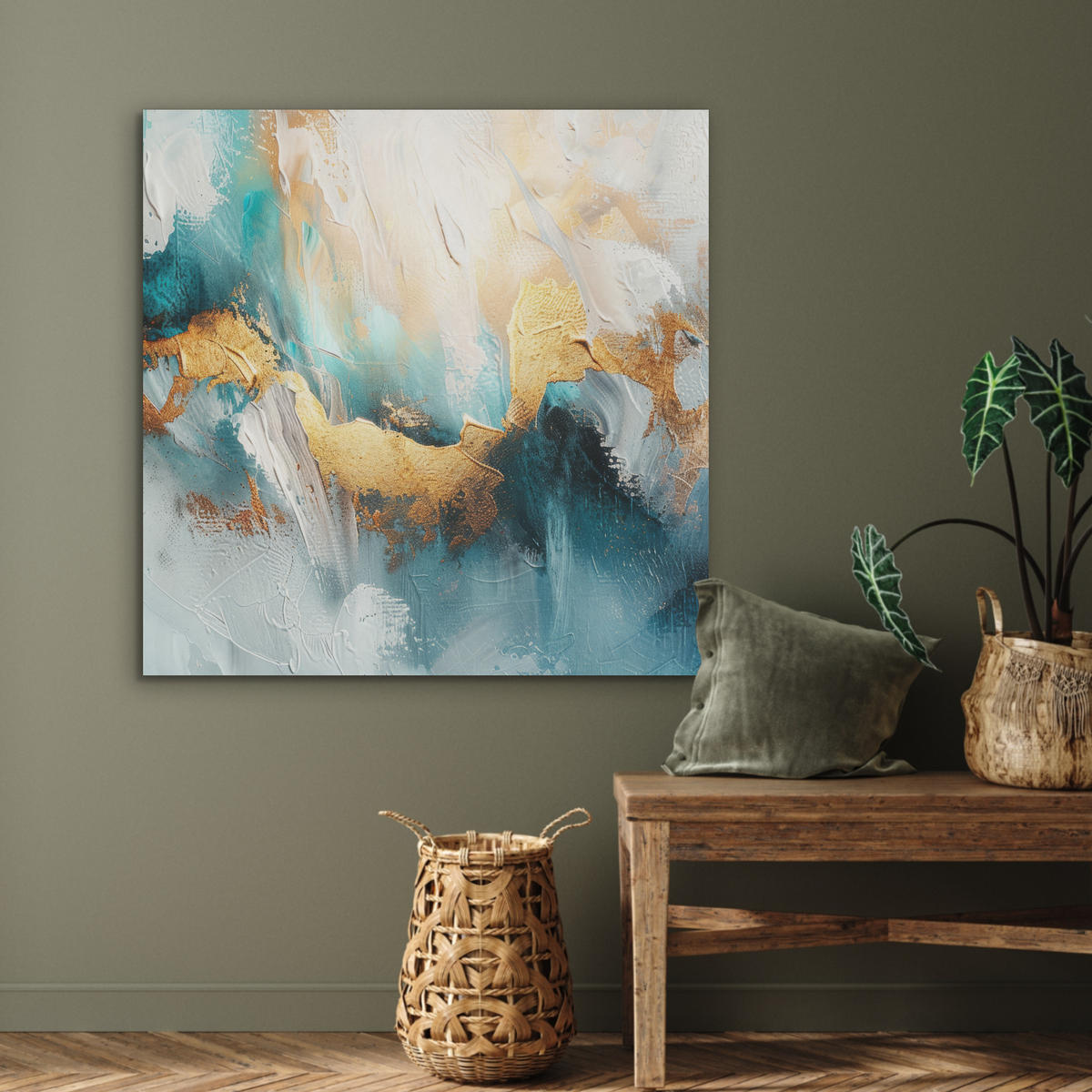 AKUSTIKPANEEL Abstrakt - Kunst - Gold - Blau 90x90 cm - Petrol, Textil (90/0.9/90cm) - MuchoWow