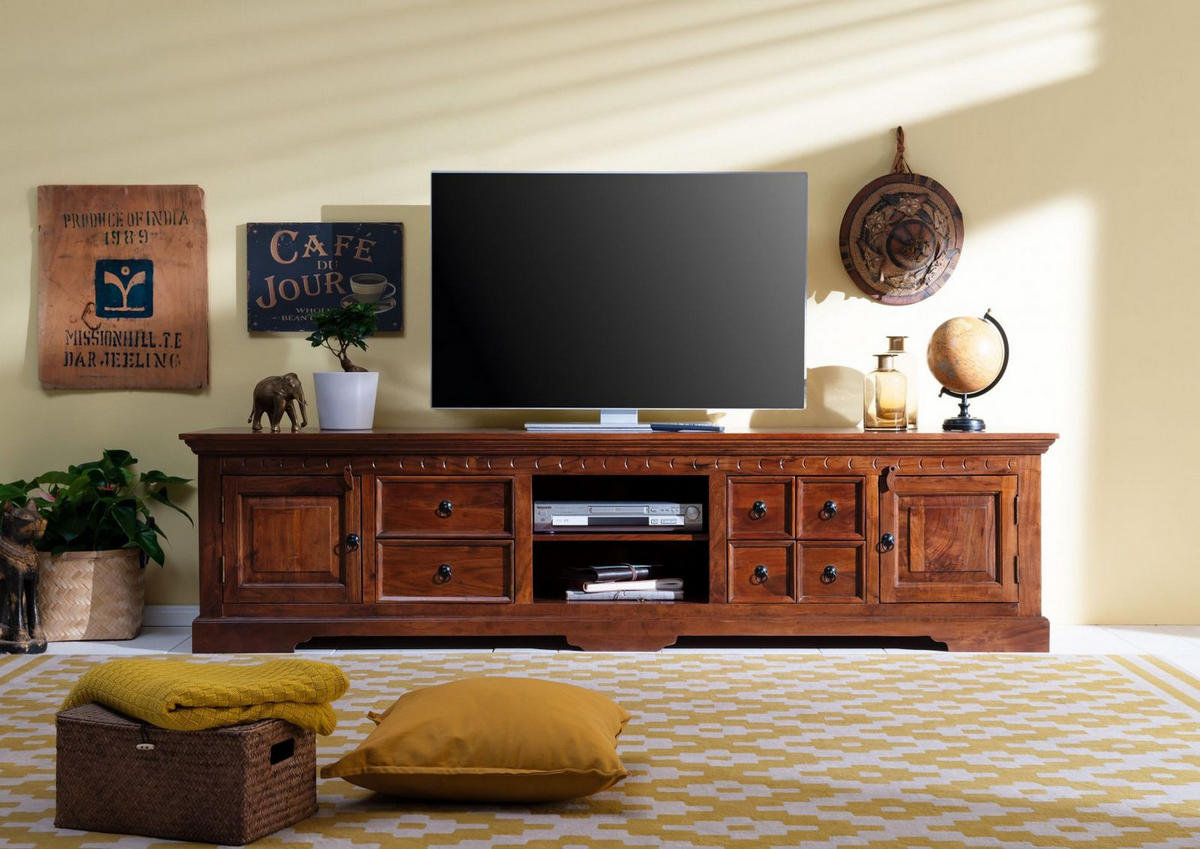 TV-BOARD Akazie 220x50x55 nougat lackiert OXFORD #341 - Dunkelbraun, Holz (220/55/50cm) - Massivmoebel24