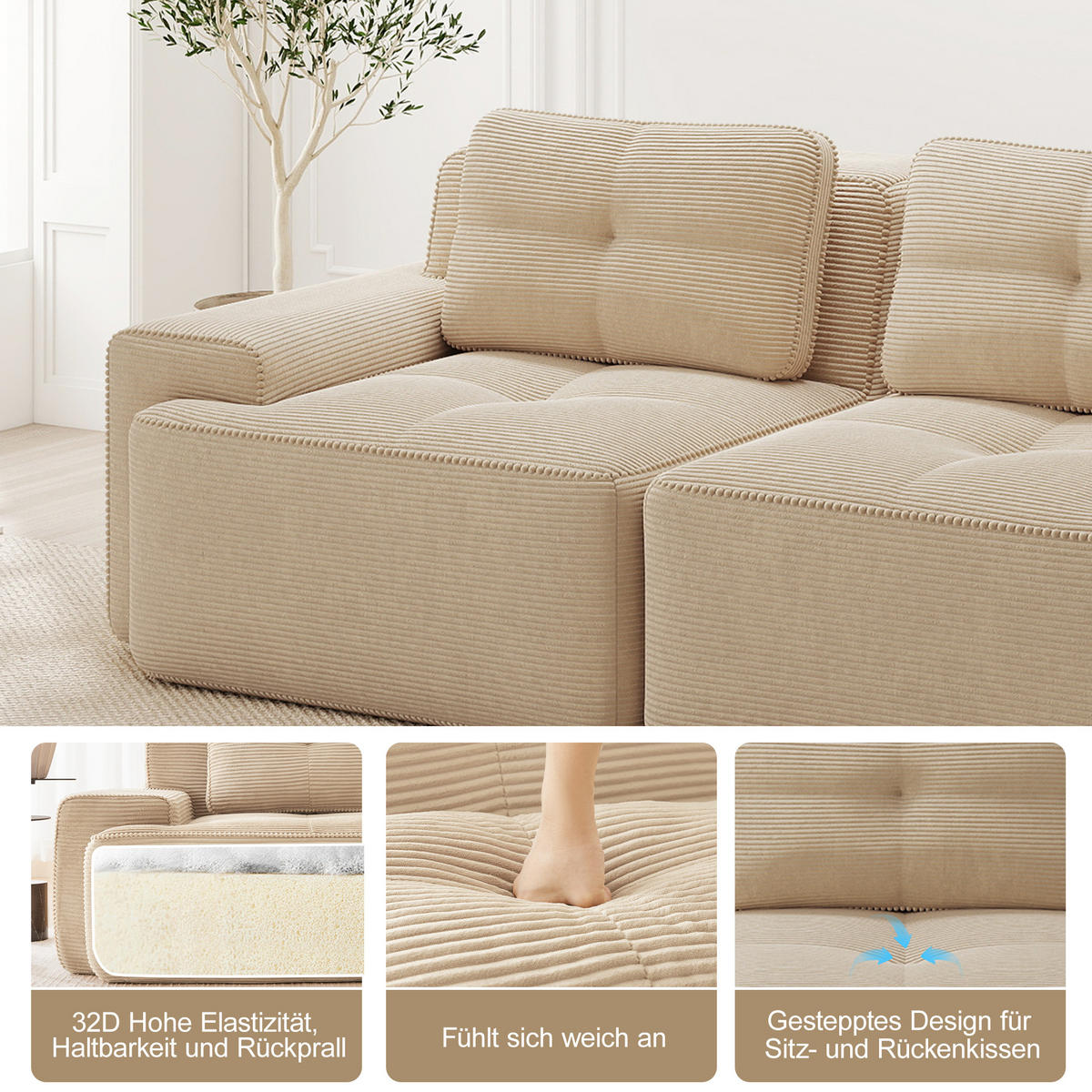 3-SITZER SOFA cord montagefrei & extratiefer sitz - Beige, Textil (293/69/104cm) - Urban Meuble