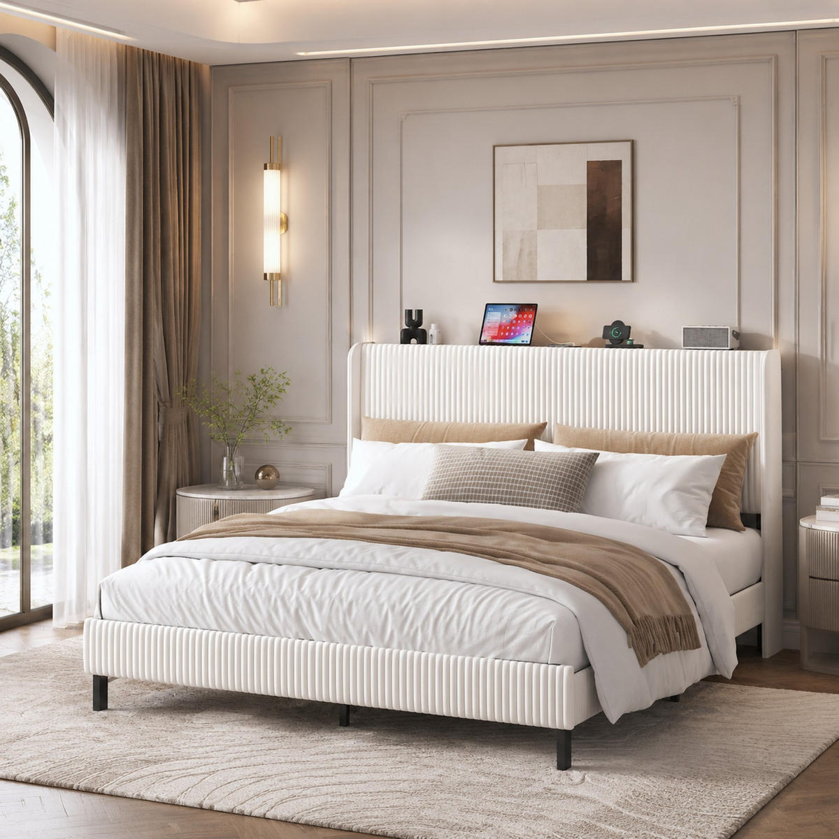 POLSTERBETT 180/200 mit Metalllatten und Stoffköpfchen,Nicht-Rutsch- und Rauschfrei - Beige, Textil/Metall (180/200cm) - EVRYAE