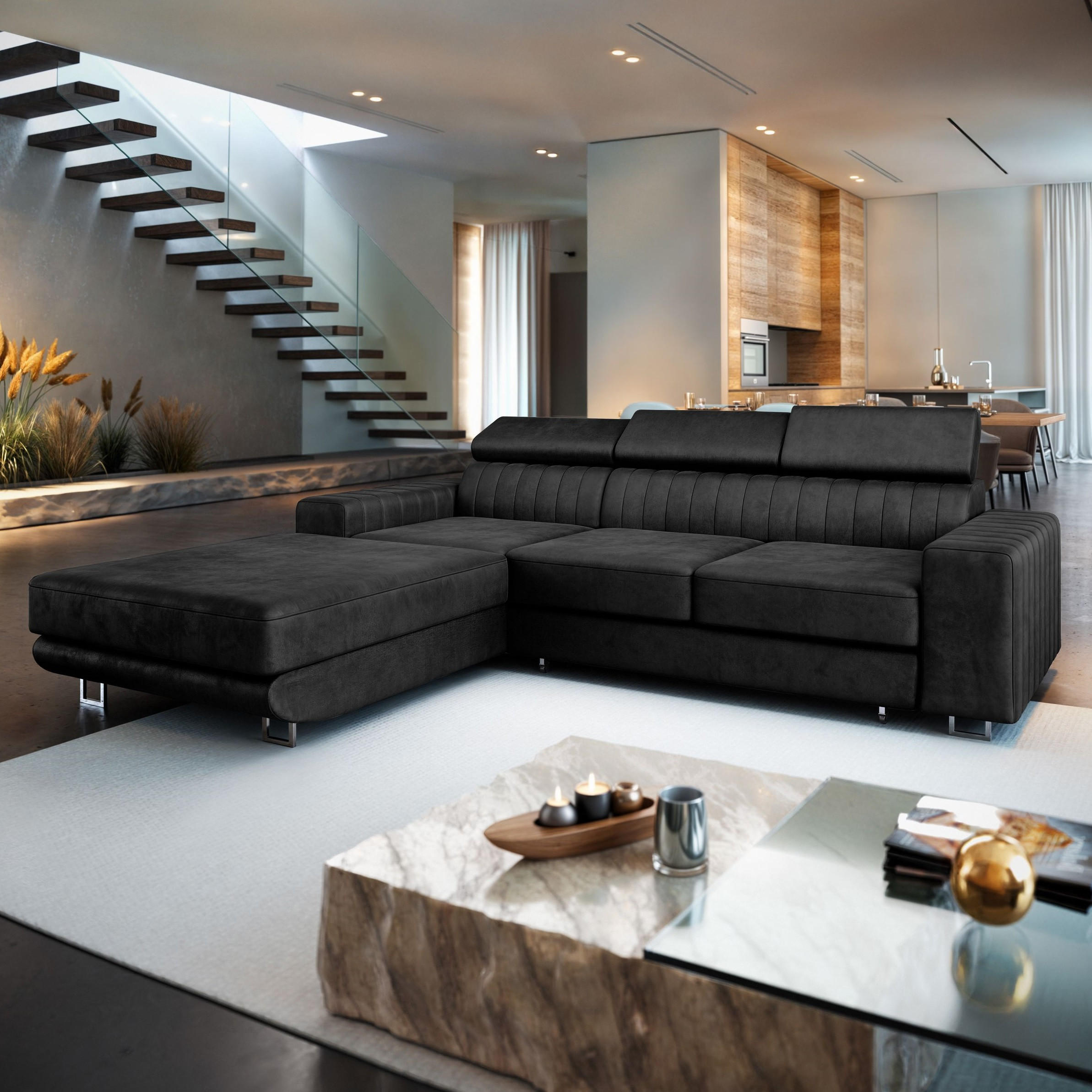 ECKSOFA NOTO L-S Schwarz Velours-Stoff mit Schlaffunktion - Schwarz, Holz (267/190cm) - MASSENO