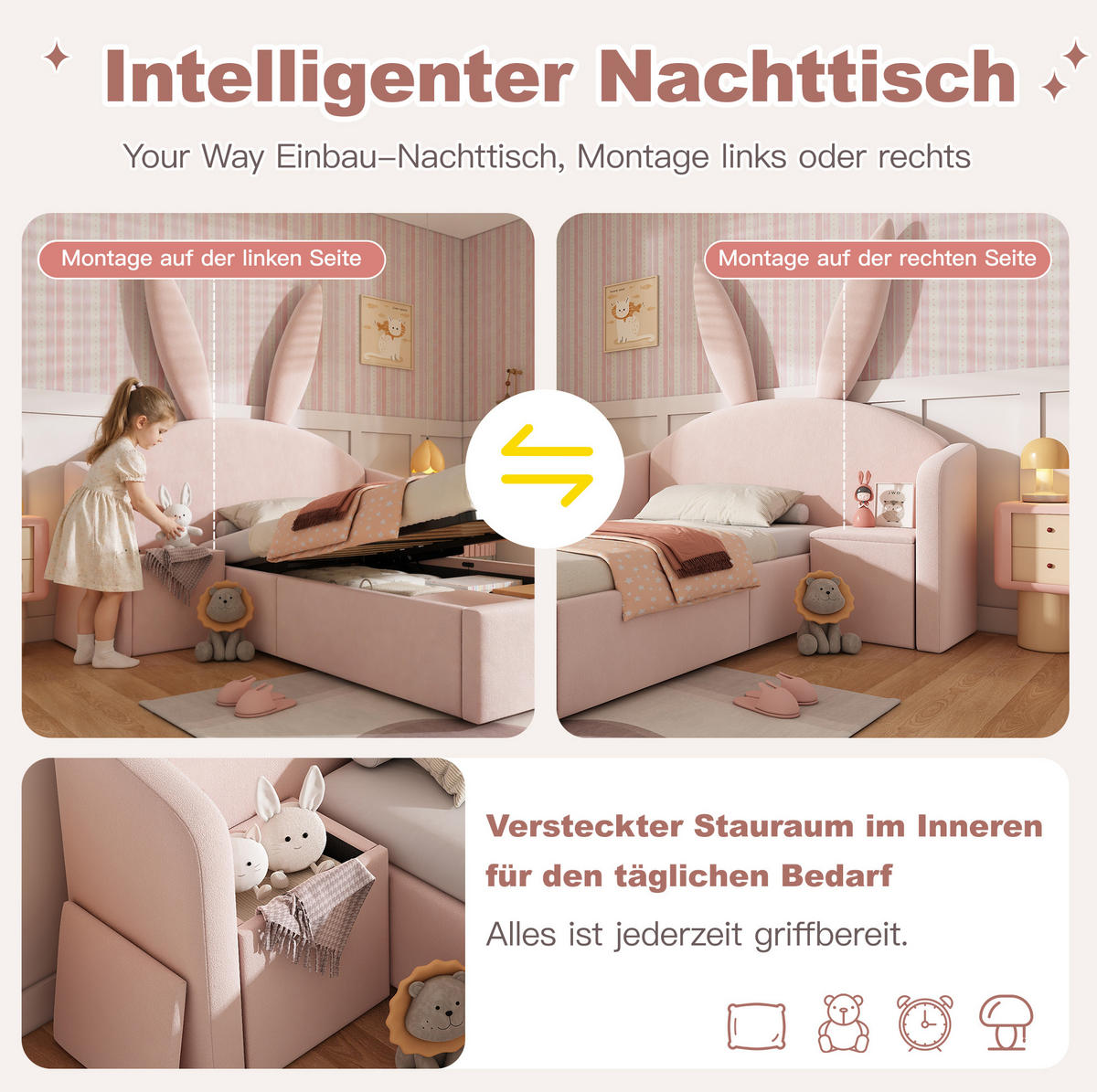 KINDERBETT 90/190 cm aus Samt mit Stauraum und montierbarem Nachttisch Rosa - Rosa, Textil (90/190cm) - Modenvie