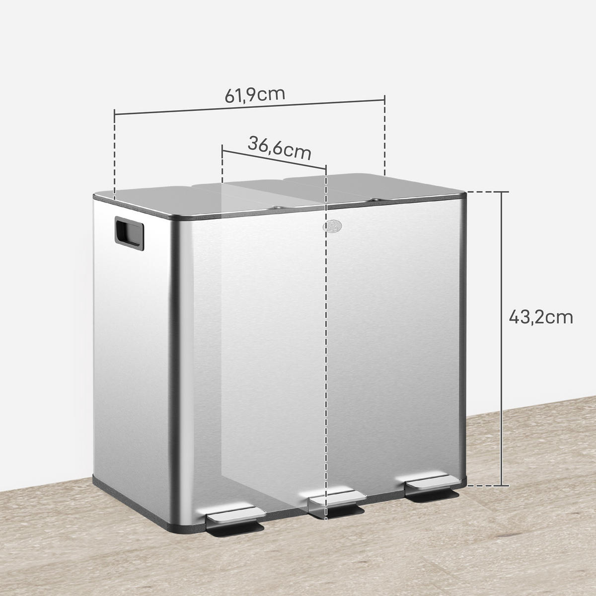 MÜLLEIMER 3x20L Abfalleimer aus Edelstahl mit Softclose Deckel Deodorant-Fächern - Silberfarben, Metall (36.6/43.2/61.9cm) - HOMCOM